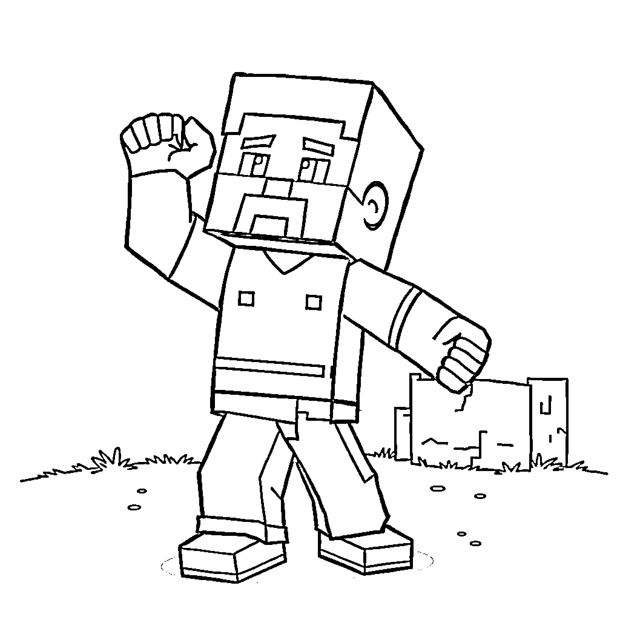 Steve the Blocky Figure Standing Tall Coloring Page (free black-and-white line drawing printable PDF for all, from beginners to advanced learners, including children, teens, adults, and seniors)