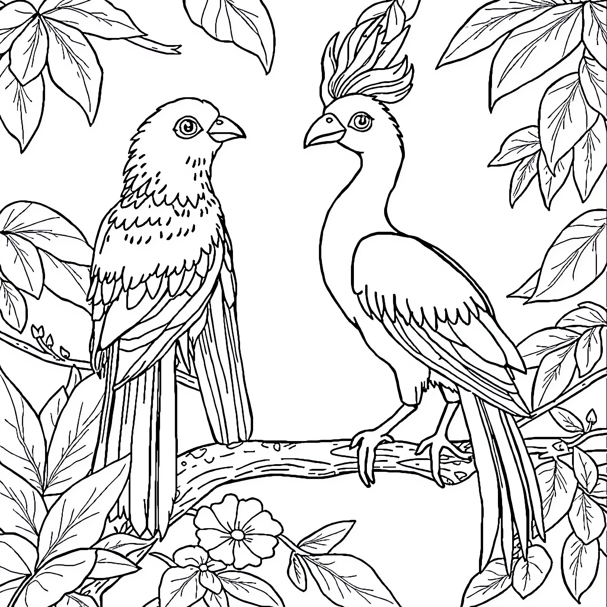 Animal birds resting on branches with leaves Coloring Page (free black-and-white line drawing printable PDF for all, from beginners to advanced learners, including children, teens, adults, and seniors)