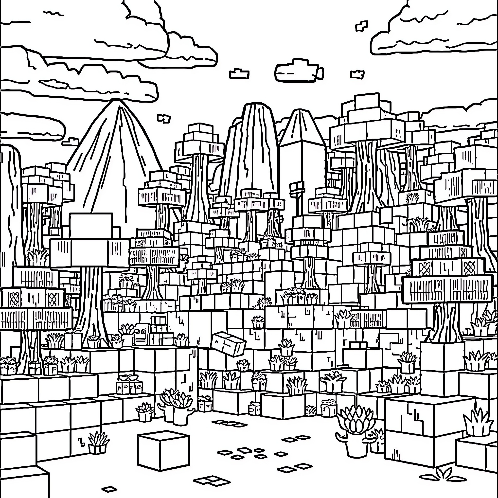 Minecraft Cityscape with Towering Structures Coloring Page (free black-and-white line drawing printable PDF for all, from beginners to advanced learners, including children, teens, adults, and seniors)