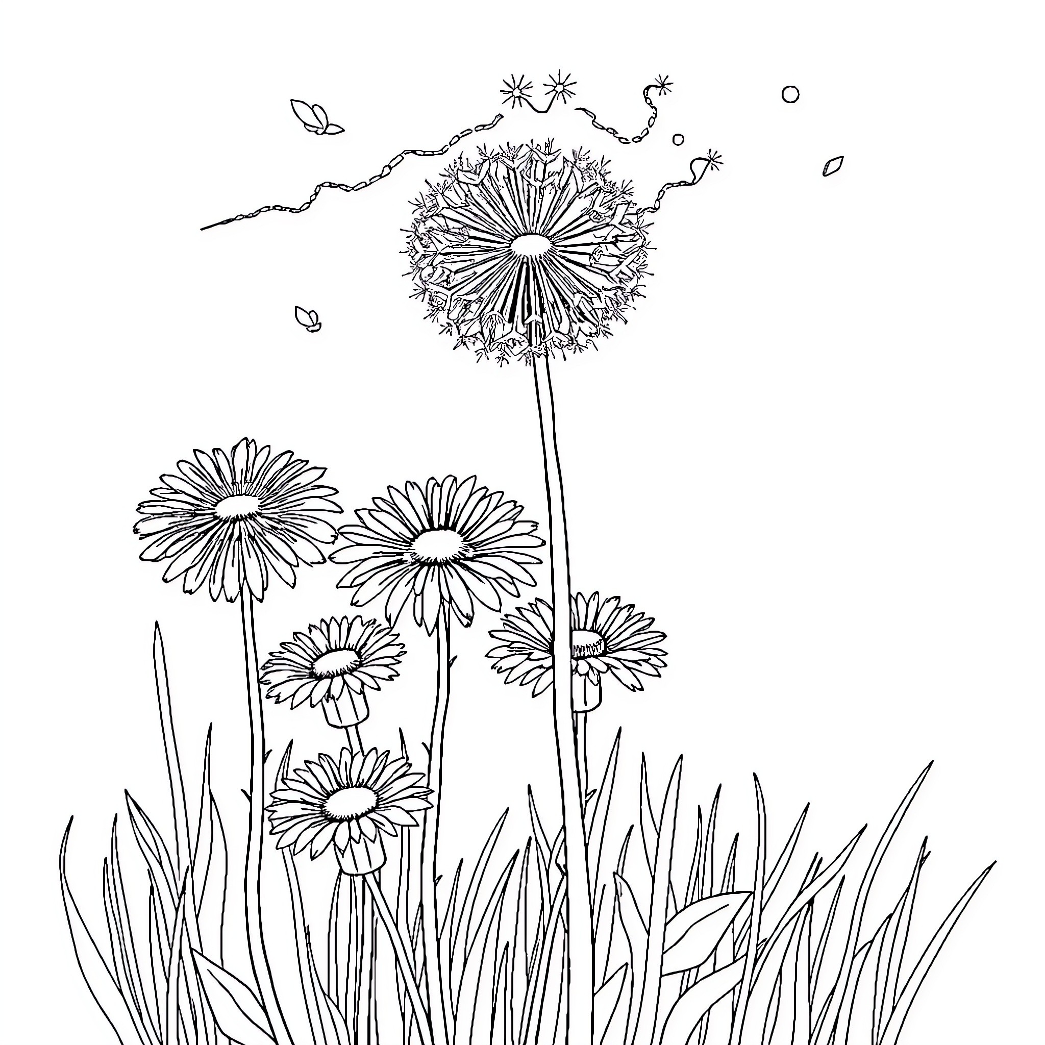 Dandelion field with swirling seeds Coloring Page (free black-and-white line drawing printable PDF for all, from beginners to advanced learners, including children, teens, adults, and seniors)