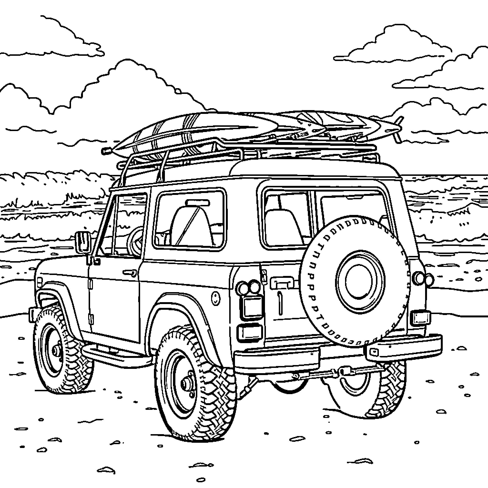 Bronco adventure vehicle on the beach Coloring Page (free black-and-white line drawing printable PDF for all, from beginners to advanced learners, including children, teens, adults, and seniors)