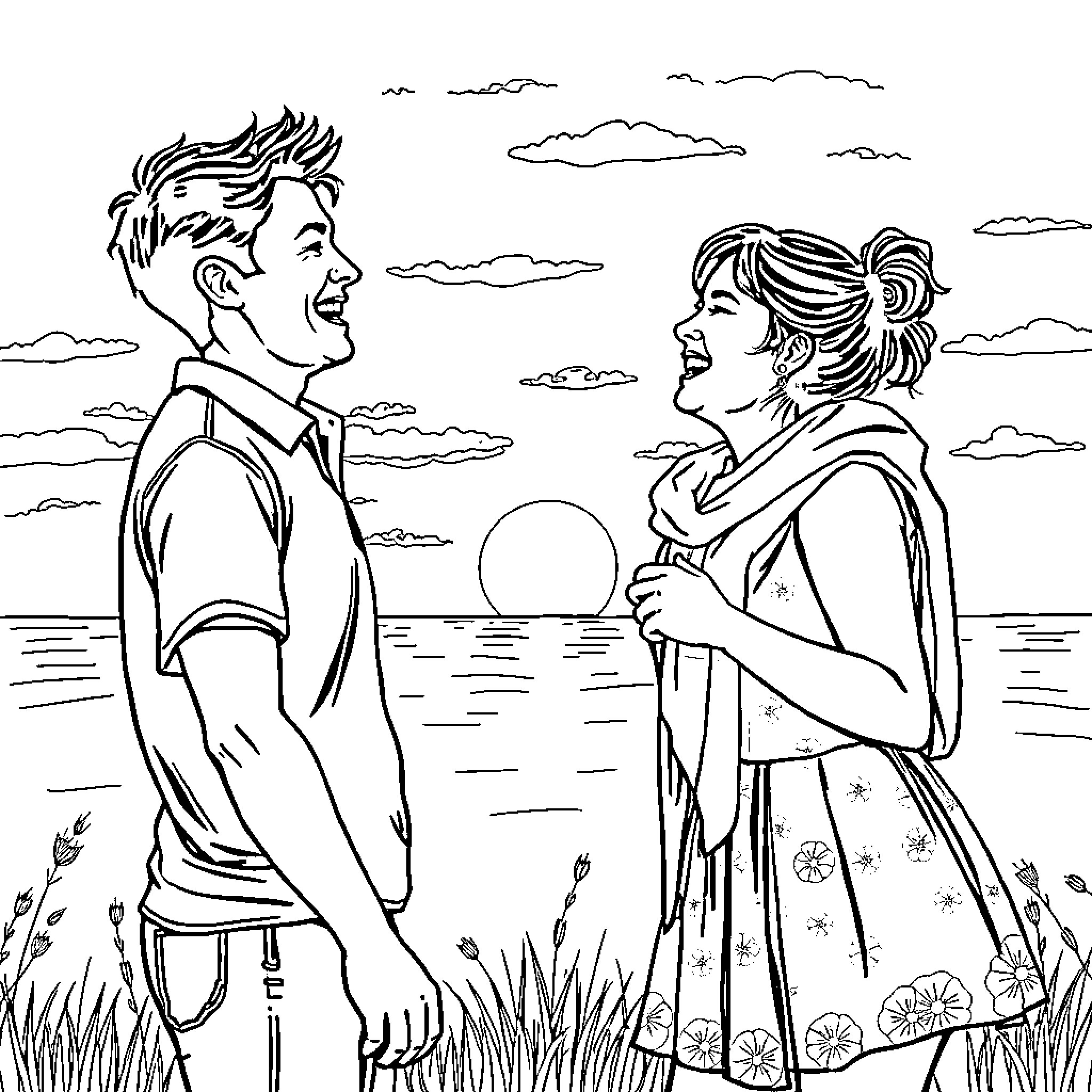 Moment of Joyful Interaction in Nature's Embrace Coloring Page (free black-and-white line drawing printable PDF for all, from beginners to advanced learners, including children, teens, adults, and seniors)