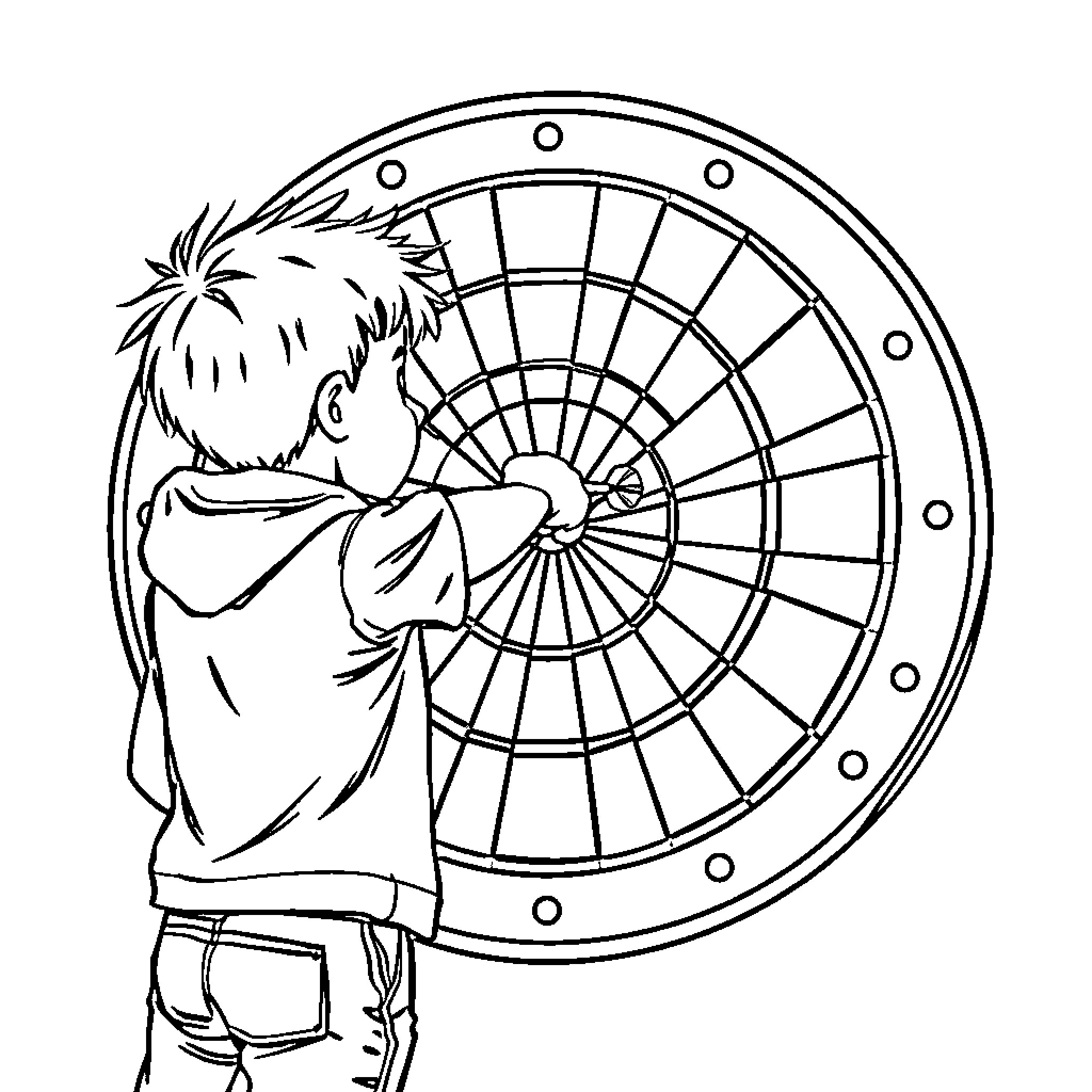 Dart throwing with serious concentration Coloring Page (free black-and-white line drawing printable PDF for all, from beginners to advanced learners, including children, teens, adults, and seniors)