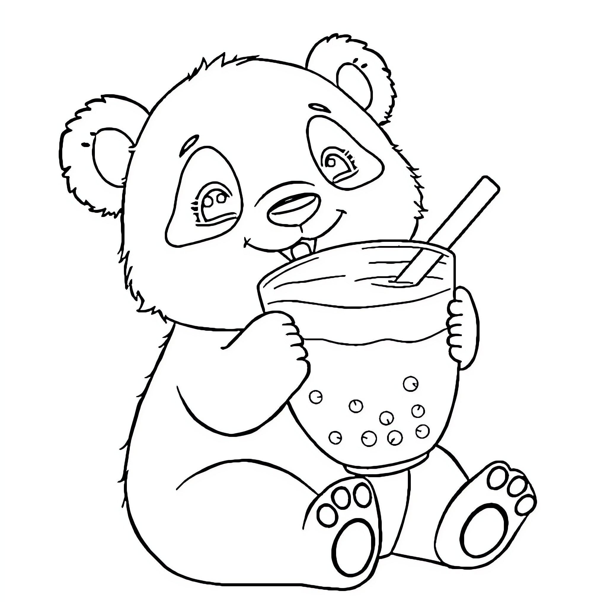 Panda enjoying a refreshing drink Coloring Page (free black-and-white line drawing printable PDF for all, from beginners to advanced learners, including children, teens, adults, and seniors)