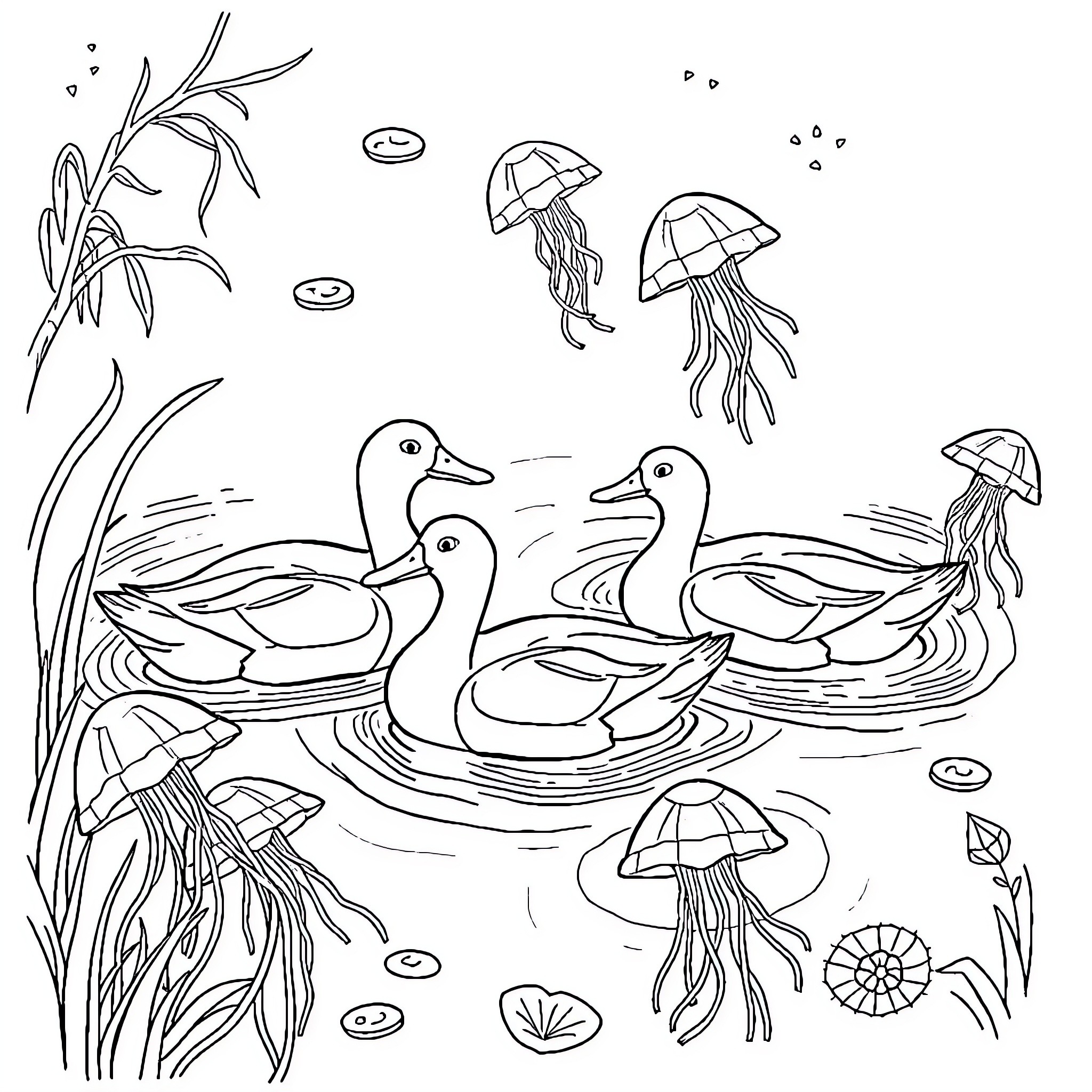 Ducks swimming with jellyfish in a pond Coloring Page (free black-and-white line drawing printable PDF for all, from beginners to advanced learners, including children, teens, adults, and seniors)