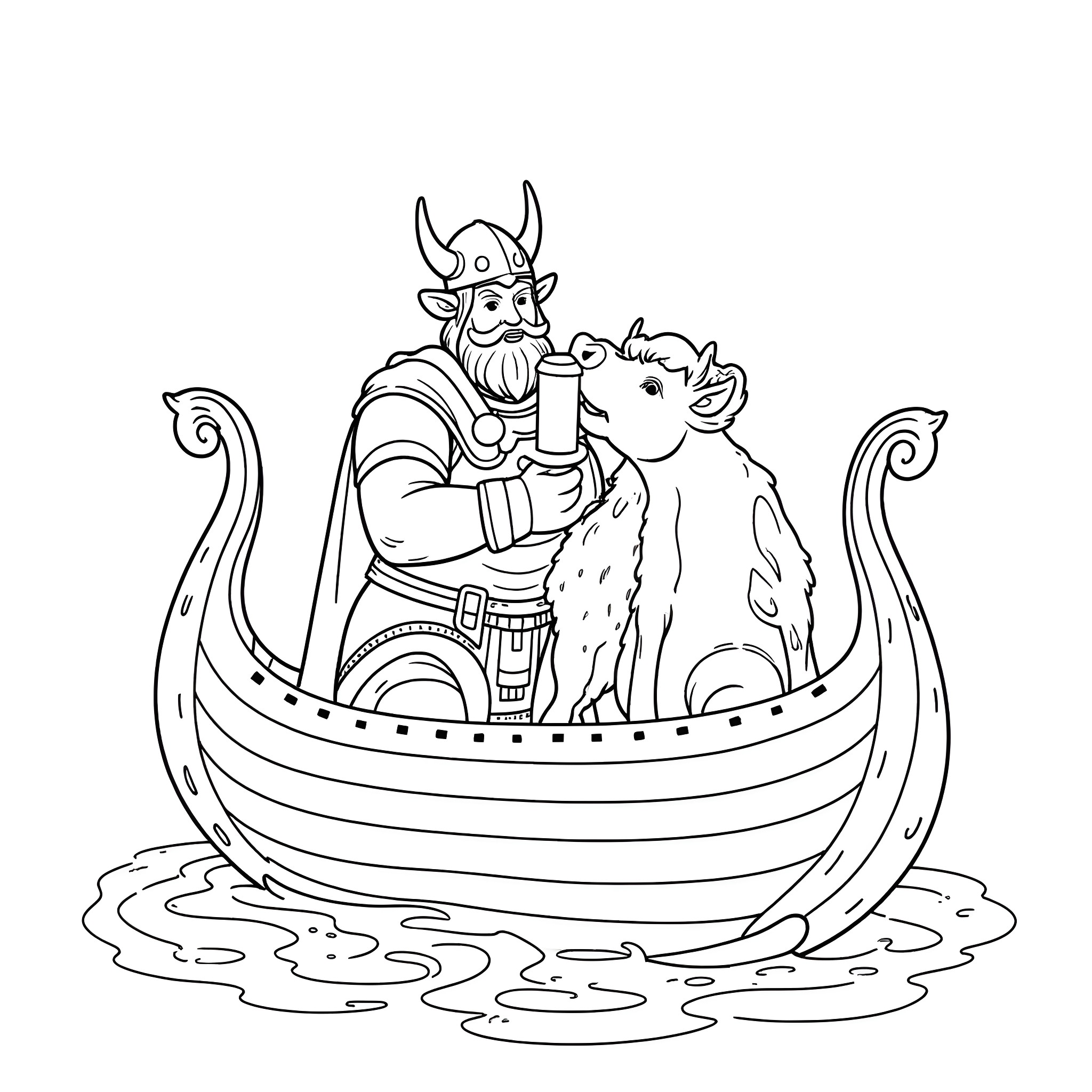 Viking navigating a longboat with a companion animal Coloring Page (free black-and-white line drawing printable PDF for all, from beginners to advanced learners, including children, teens, adults, and seniors)