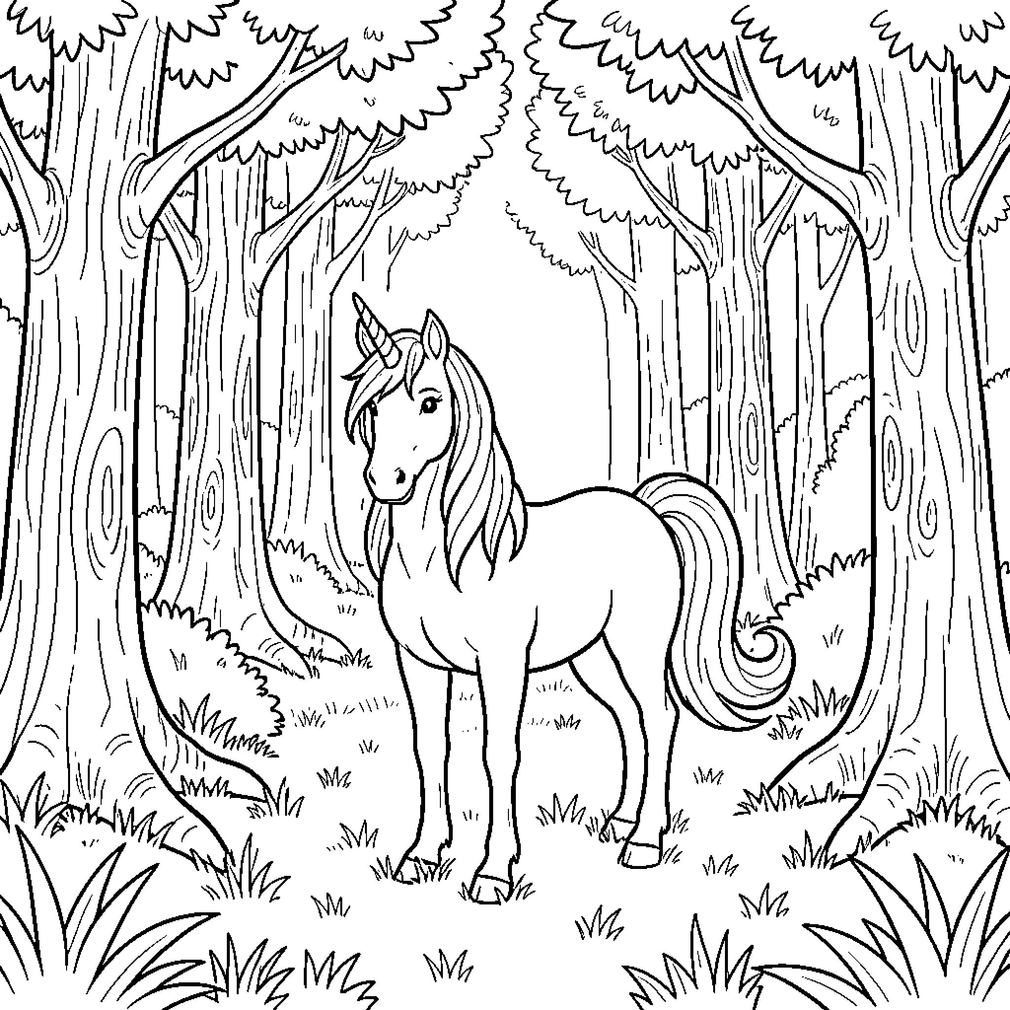 Unicorn standing peacefully in a magical forest Coloring Page (free black-and-white line drawing printable PDF for all, from beginners to advanced learners, including children, teens, adults, and seniors)