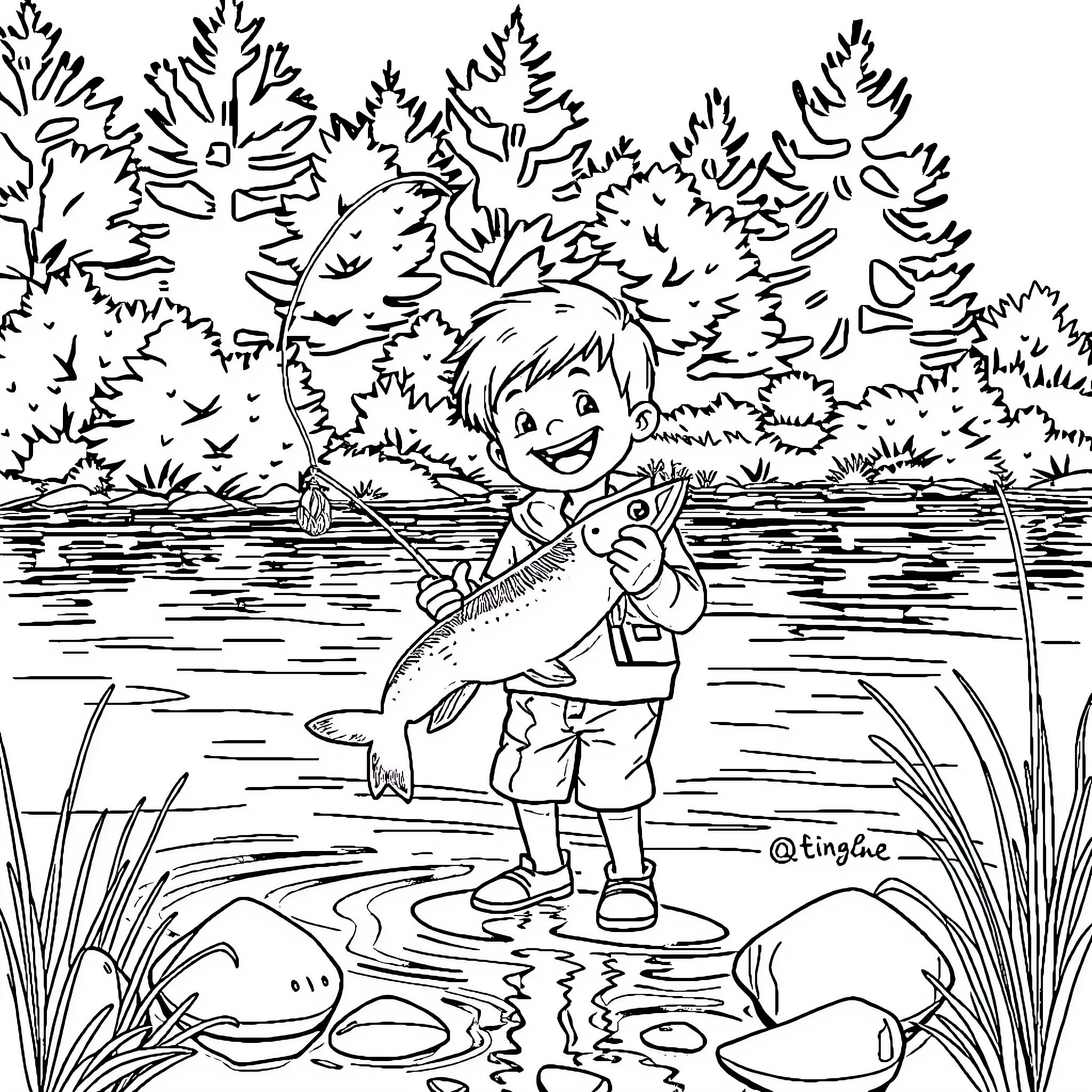 Child Fishing Happily in the Lake Coloring Page (free black-and-white line drawing printable PDF for all, from beginners to advanced learners, including children, teens, adults, and seniors)