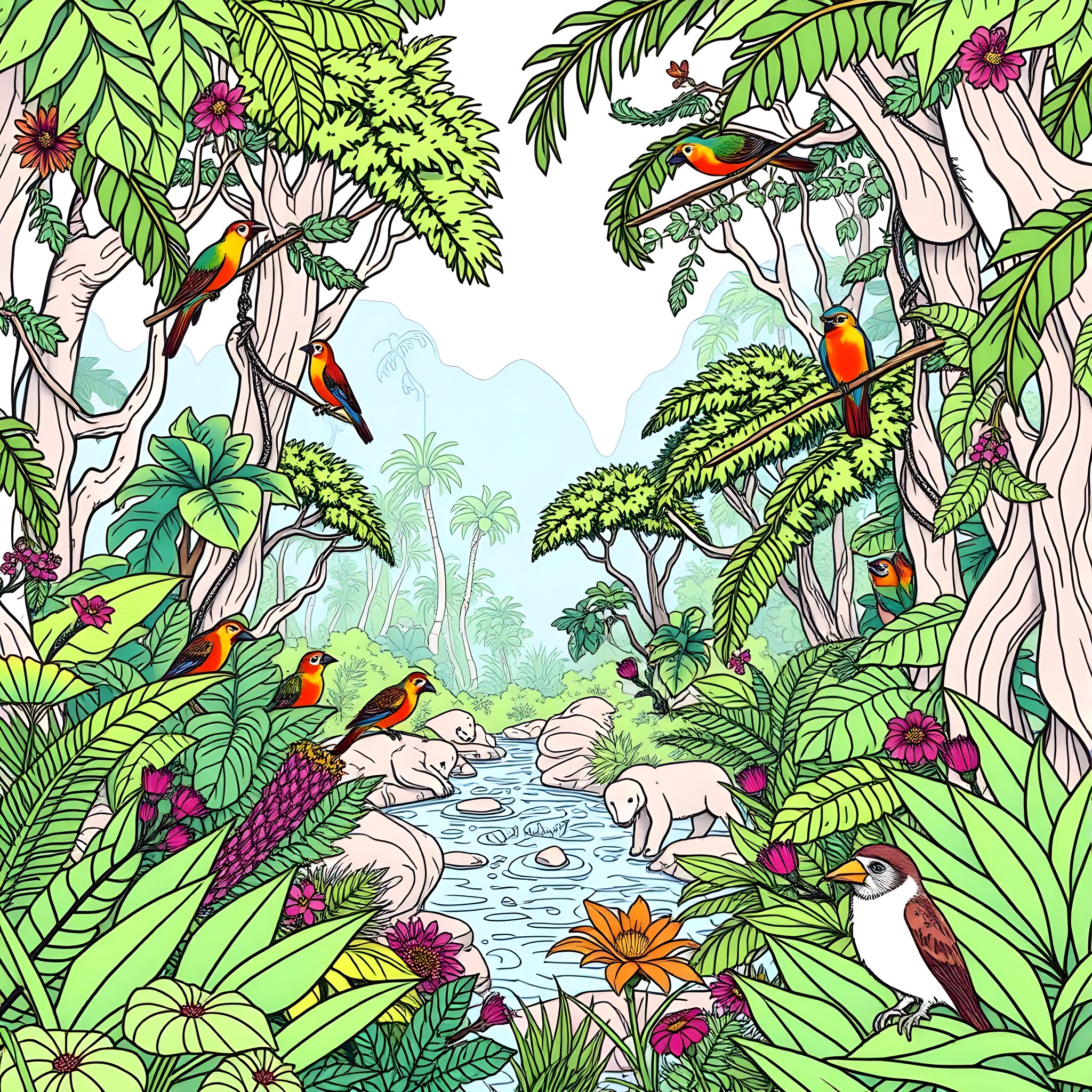 Animal paradise with colorful birds and tropical foliage Coloring Page (free black-and-white line drawing printable PDF for all, from beginners to advanced learners, including children, teens, adults, and seniors)