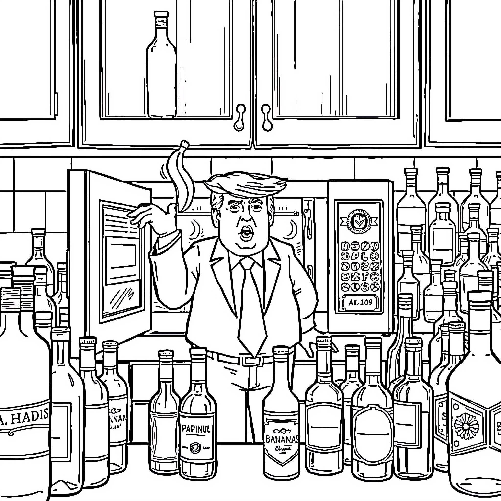 Banana Man in Distressed Bar Scene Coloring Page (free black-and-white line drawing printable PDF for all, from beginners to advanced learners, including children, teens, adults, and seniors)