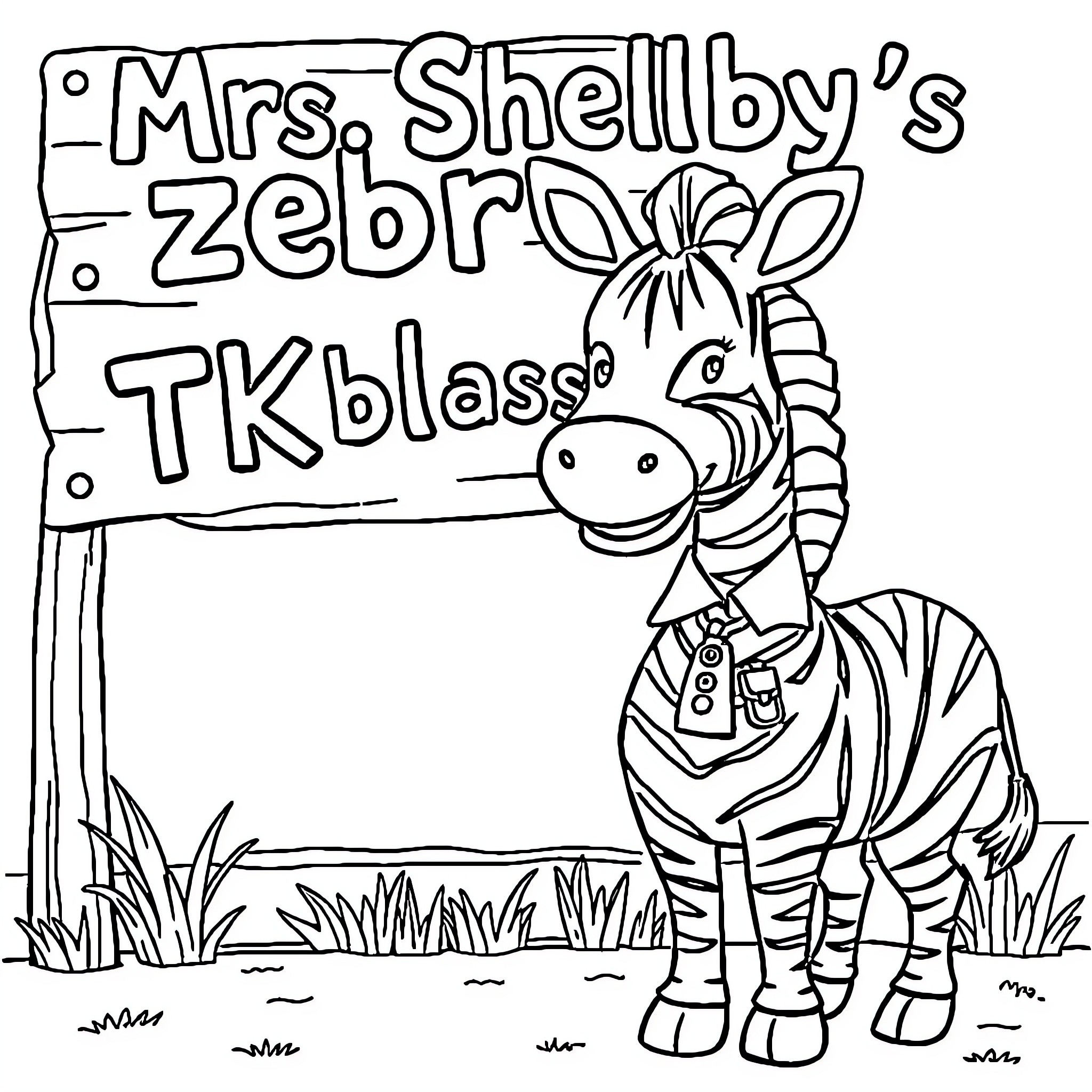 Zebra standing next to a classroom sign Coloring Page (free black-and-white line drawing printable PDF for all, from beginners to advanced learners, including children, teens, adults, and seniors)
