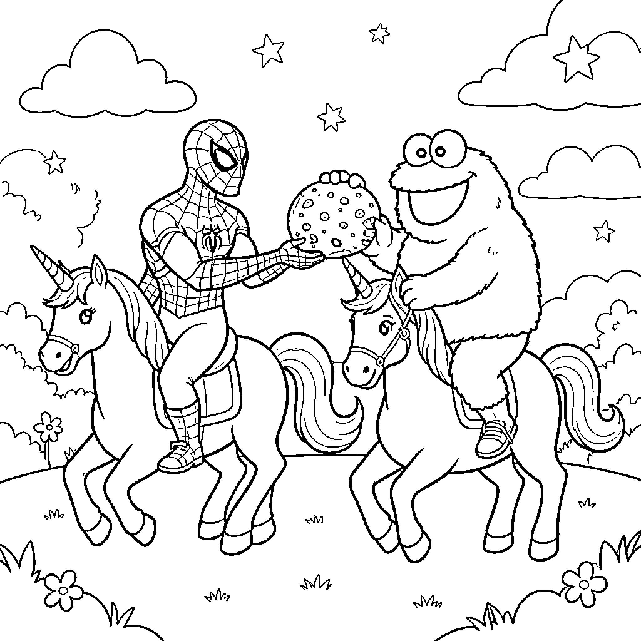 Spider-Man sharing a cookie with Cookie Monster Coloring Page (free black-and-white line drawing printable PDF for all, from beginners to advanced learners, including children, teens, adults, and seniors)