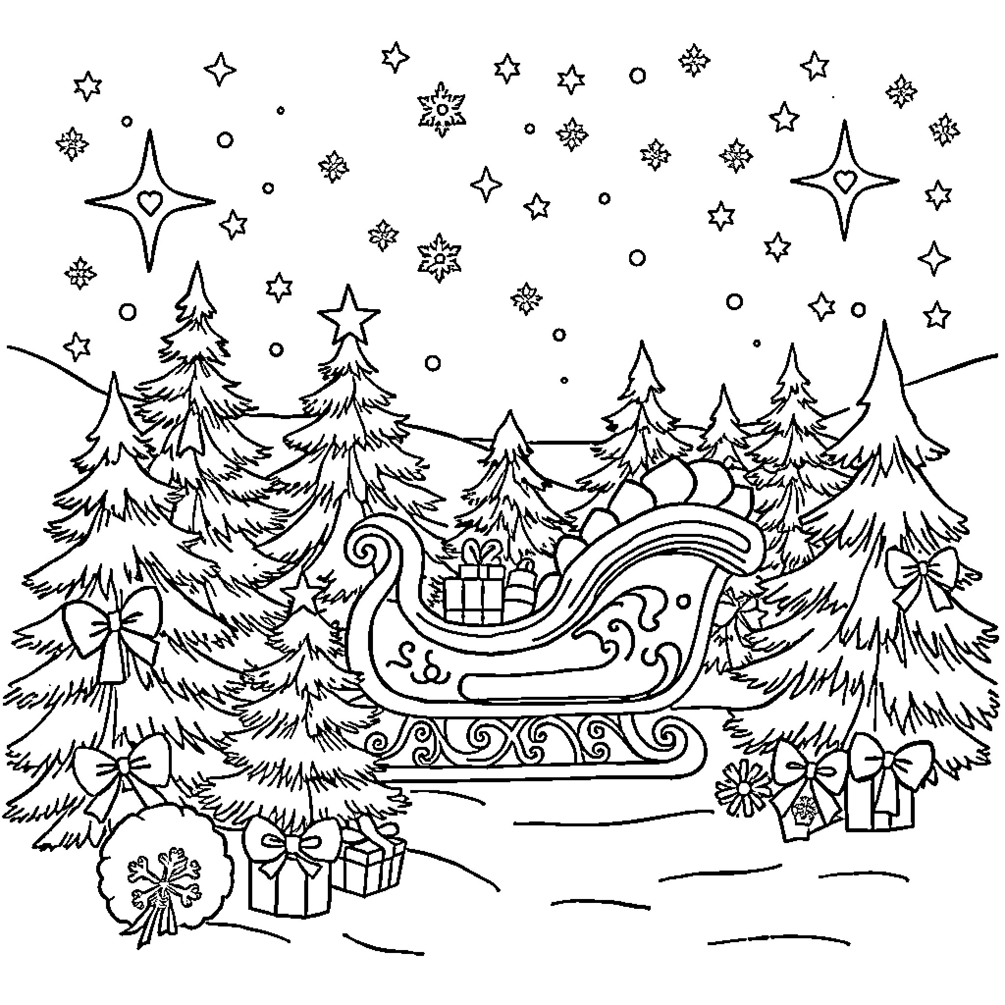 Sleigh in a snowy winter wonderland Coloring Page (free black-and-white line drawing printable PDF for all, from beginners to advanced learners, including children, teens, adults, and seniors)