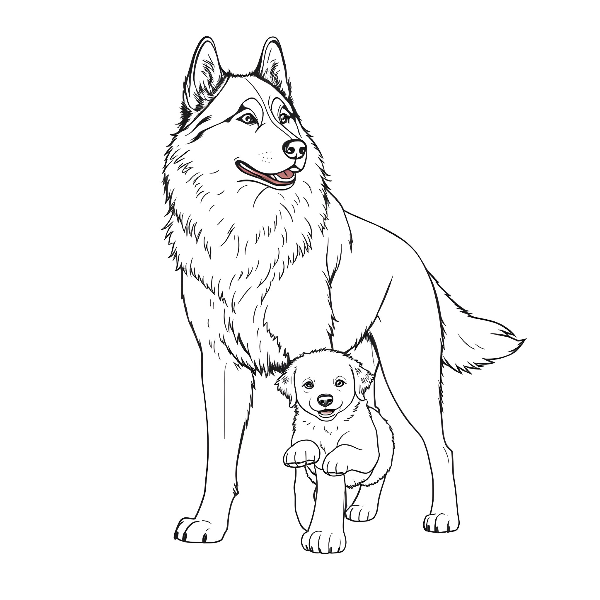 Dog and Puppy Bonding Together Coloring Page (free black-and-white line drawing printable PDF for all, from beginners to advanced learners, including children, teens, adults, and seniors)