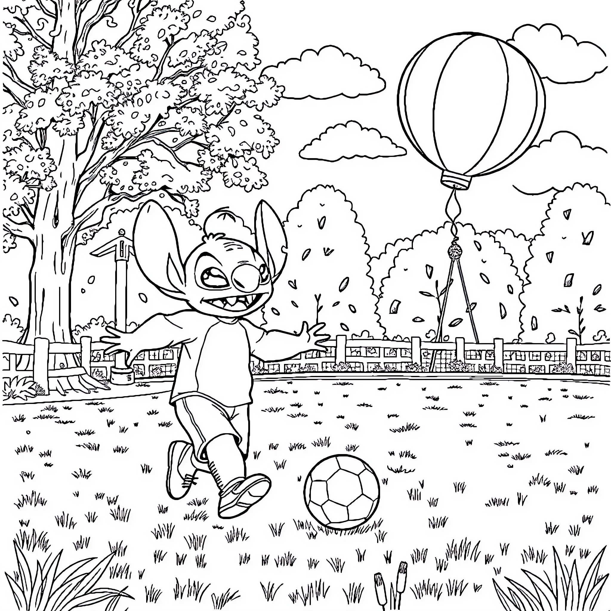 Stitch playing joyfully with a soccer ball in the park Coloring Page (free black-and-white line drawing printable PDF for all, from beginners to advanced learners, including children, teens, adults, and seniors)