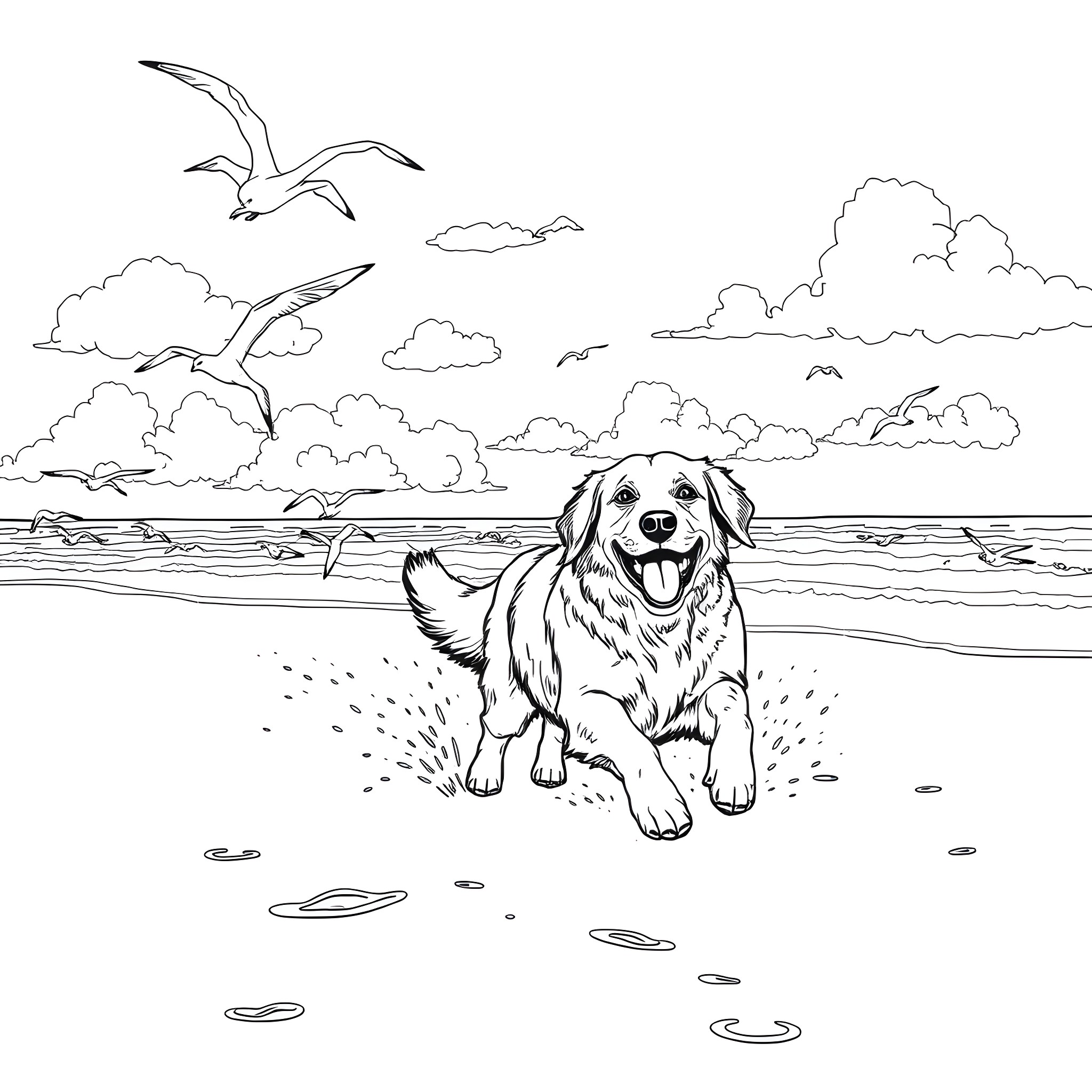 Golden Retriever playing happily on the beach Coloring Page (free black-and-white line drawing printable PDF for all, from beginners to advanced learners, including children, teens, adults, and seniors)