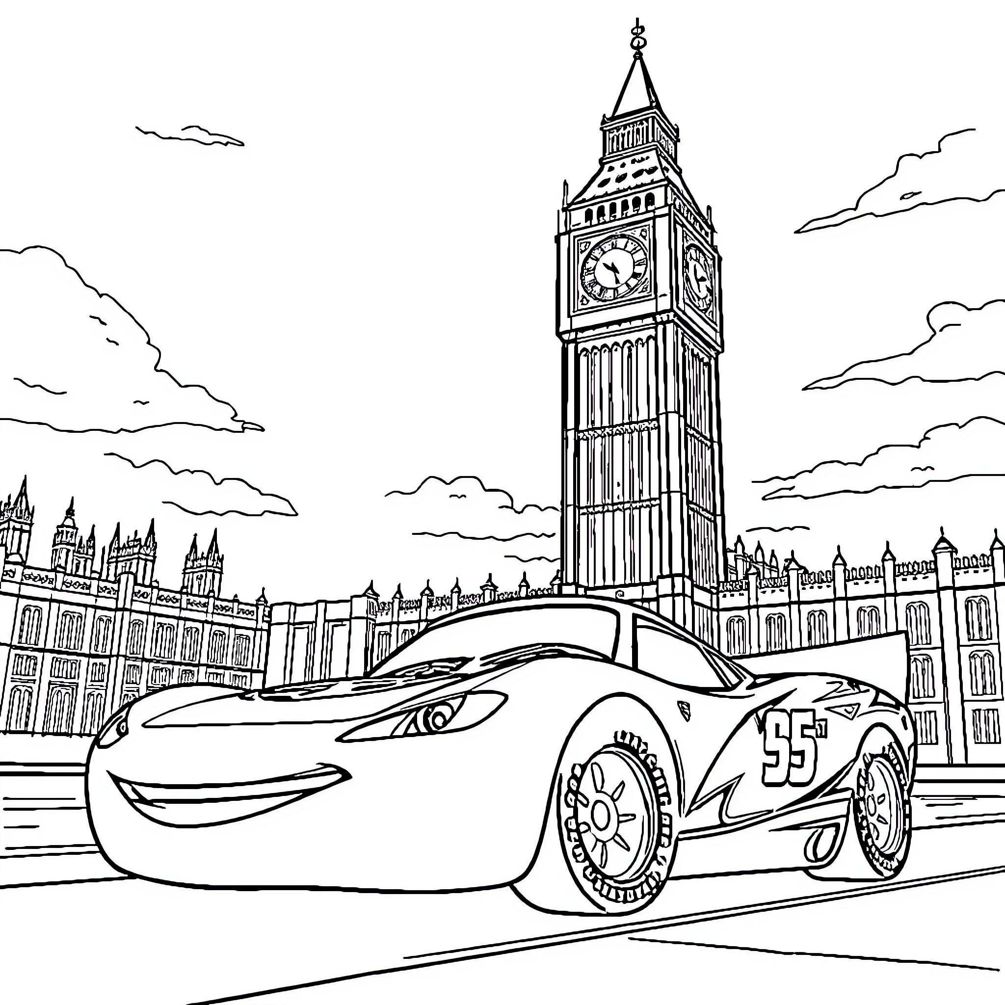 Lightning McQueen's racing adventure in London Coloring Page (free black-and-white line drawing printable PDF for all, from beginners to advanced learners, including children, teens, adults, and seniors)