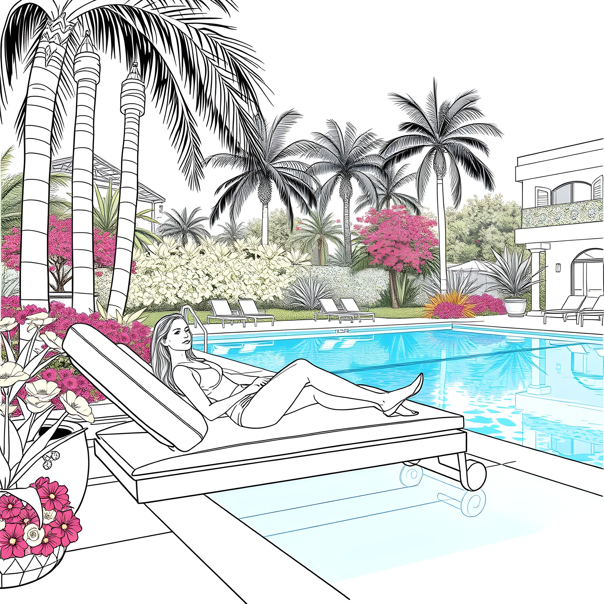Sydney Andrews relaxing by the poolside in a tropical paradise Coloring Page (free black-and-white line drawing printable PDF for all, from beginners to advanced learners, including children, teens, adults, and seniors)