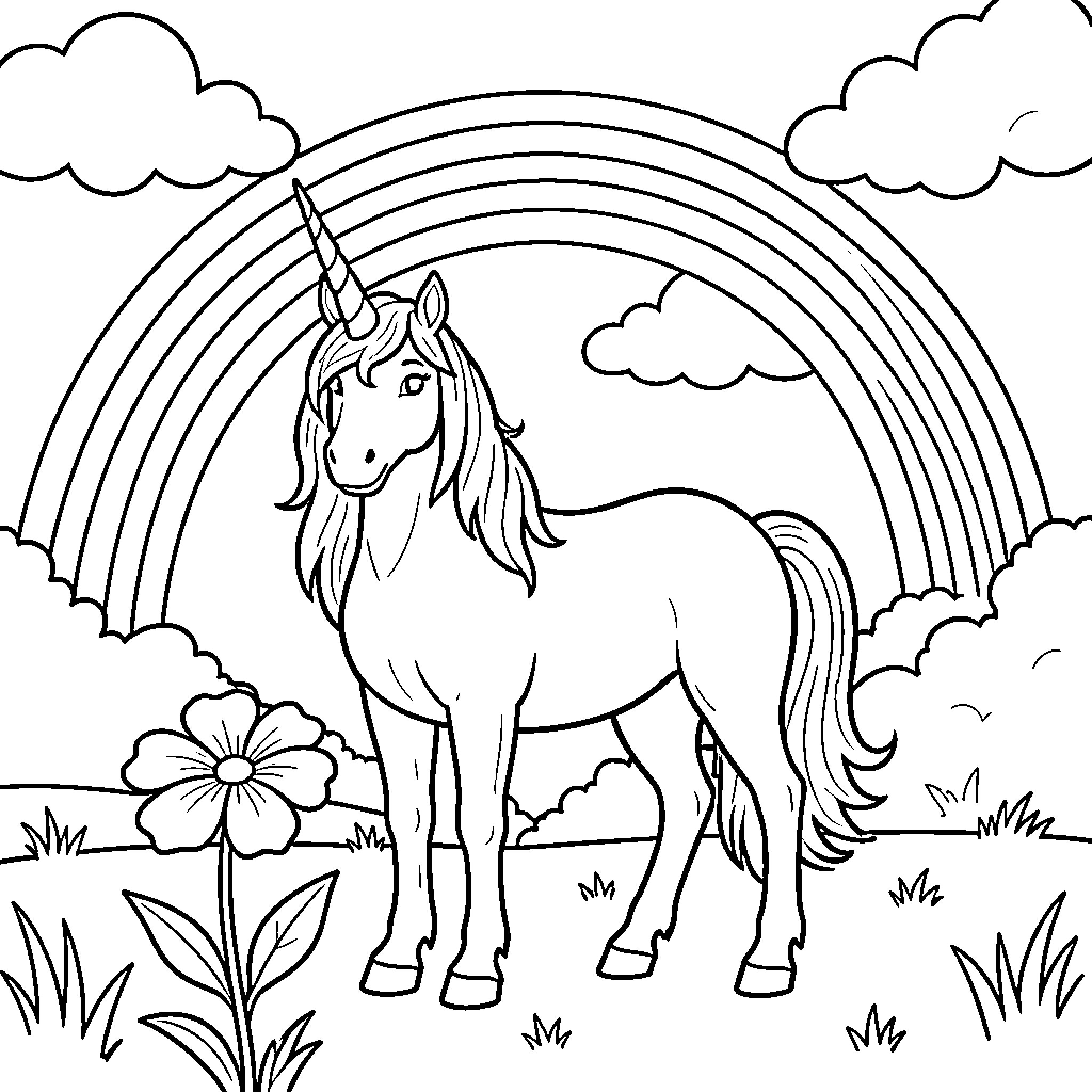 Unicorn standing peacefully under a large rainbow Coloring Page (free black-and-white line drawing printable PDF for all, from beginners to advanced learners, including children, teens, adults, and seniors)