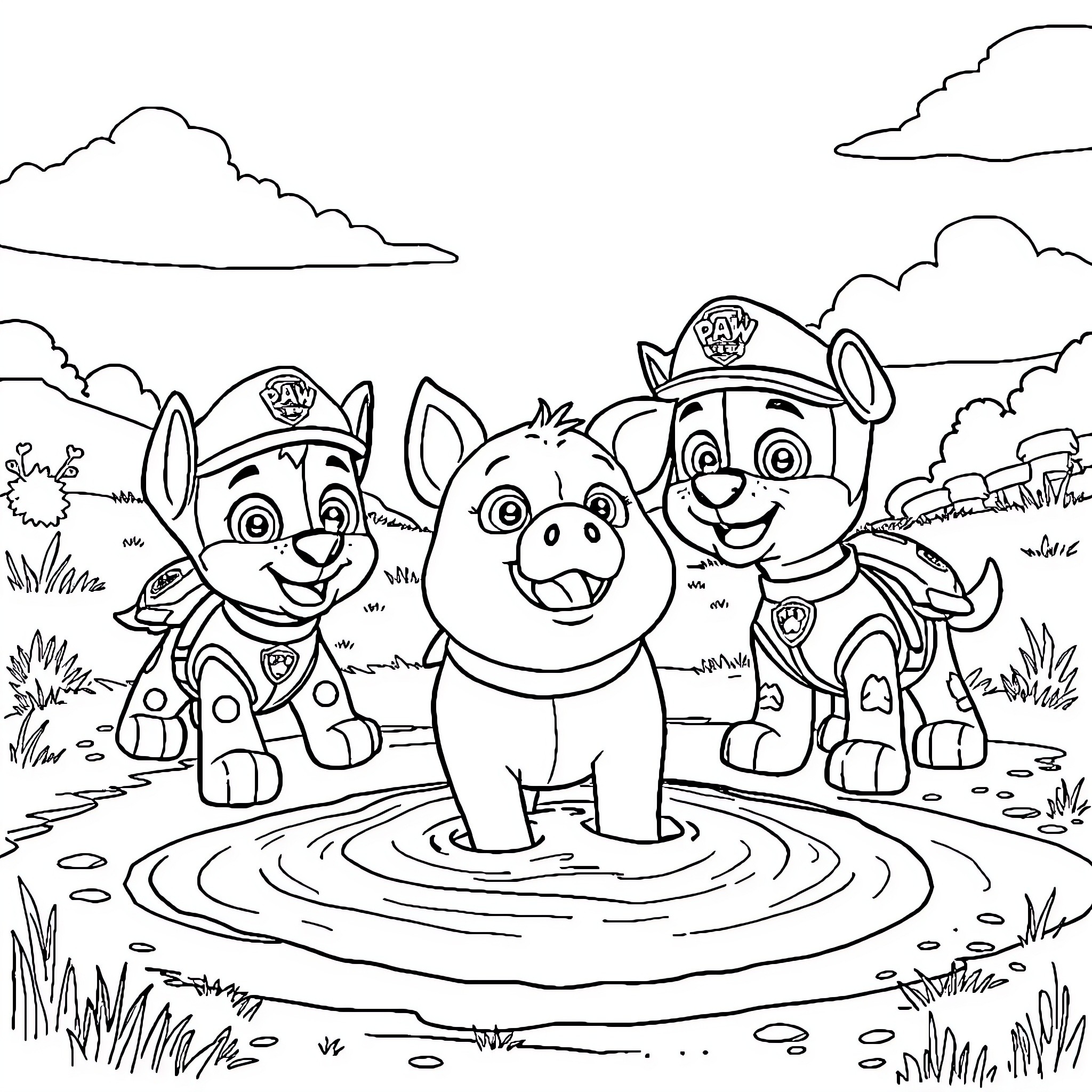 Paw Patrol team exploring the outdoors Coloring Page (free black-and-white line drawing printable PDF for all, from beginners to advanced learners, including children, teens, adults, and seniors)