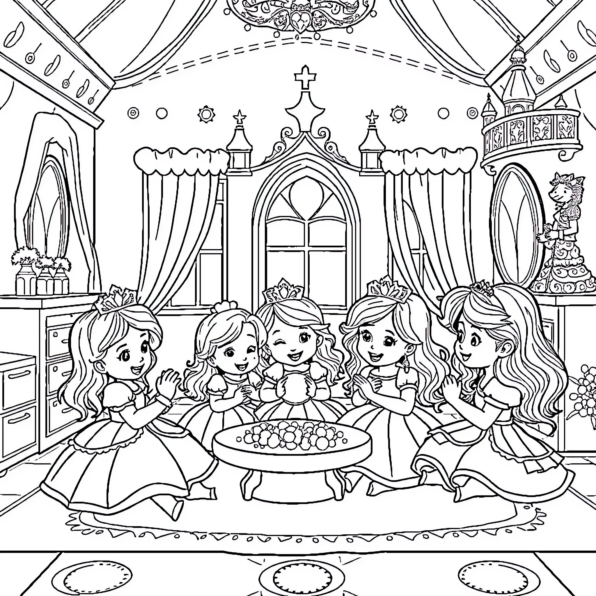 Princess and Friends Enjoying a Festive Gathering Coloring Page (free black-and-white line drawing printable PDF for all, from beginners to advanced learners, including children, teens, adults, and seniors)