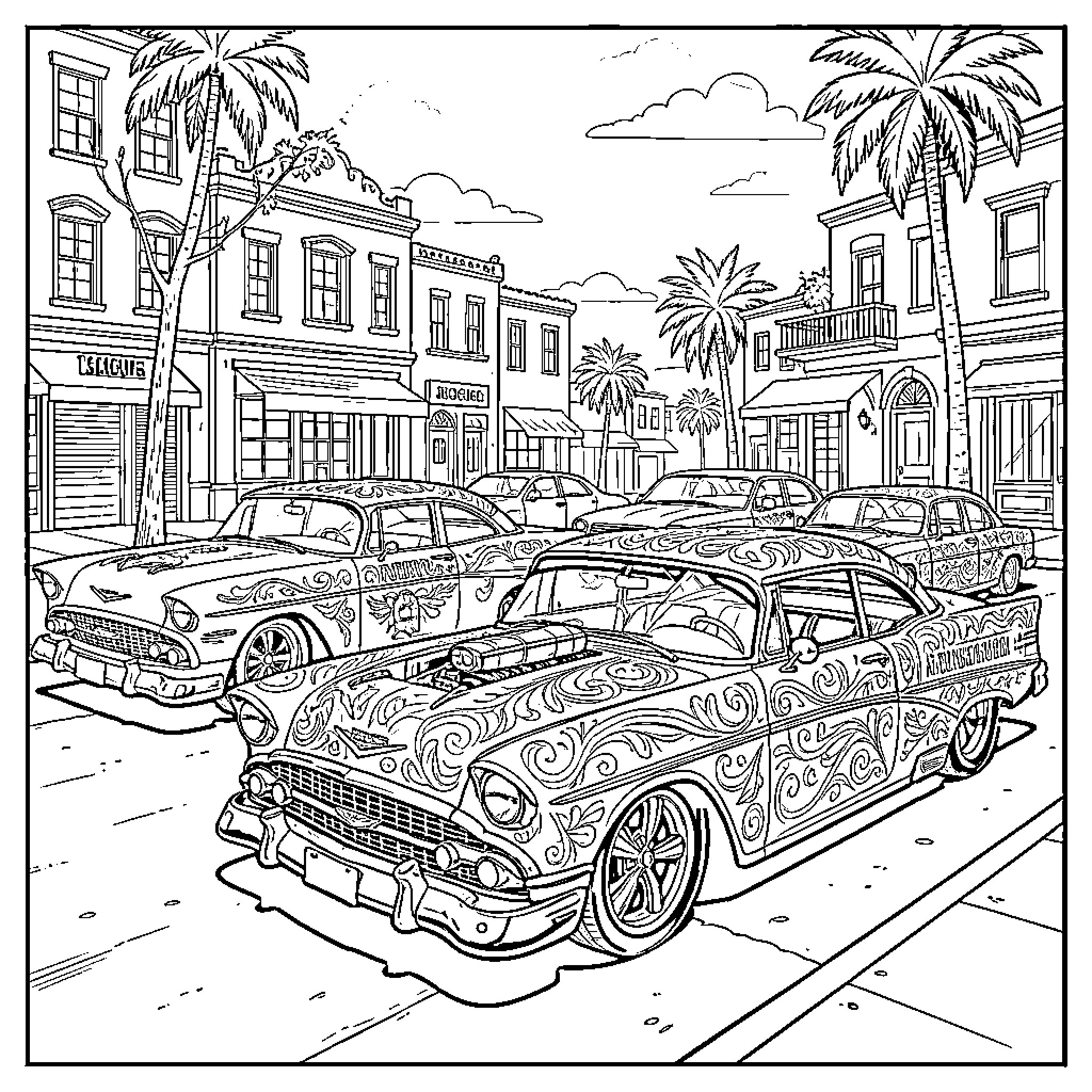 Car parked on a street lined with palm trees Coloring Page (free black-and-white line drawing printable PDF for all, from beginners to advanced learners, including children, teens, adults, and seniors)