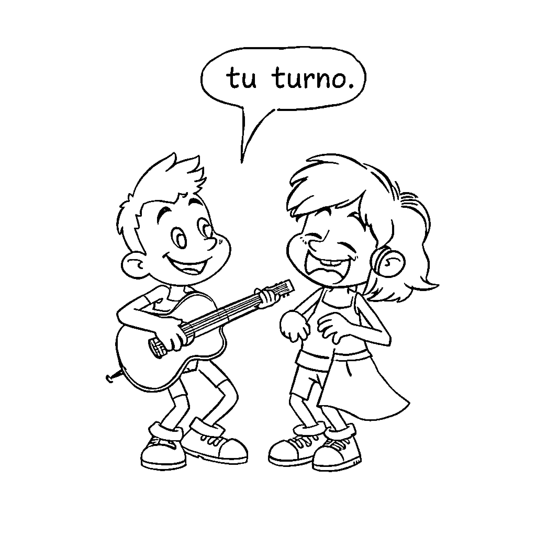 Cartoon Characters with Guitar Playing and Conversing Coloring Page (free black-and-white line drawing printable PDF for all, from beginners to advanced learners, including children, teens, adults, and seniors)