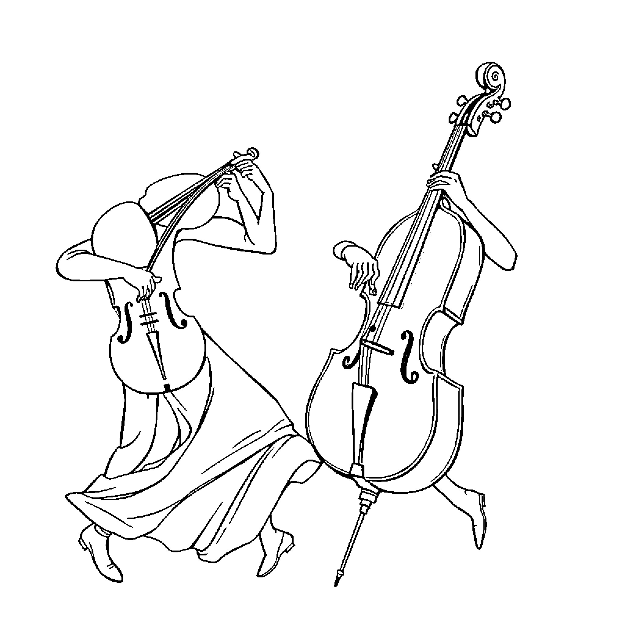 String Instrument Musicians Performing Expressively Coloring Page (free black-and-white line drawing printable PDF for all, from beginners to advanced learners, including children, teens, adults, and seniors)