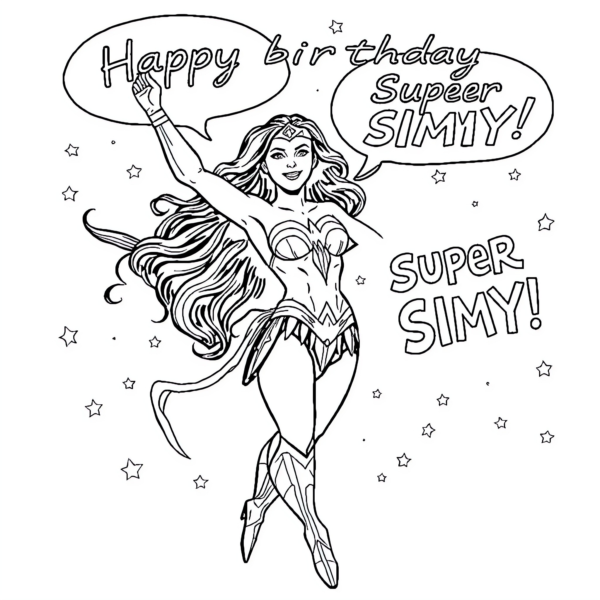 Wonder Woman Celebrates a Super Birthday Coloring Page (free black-and-white line drawing printable PDF for all, from beginners to advanced learners, including children, teens, adults, and seniors)