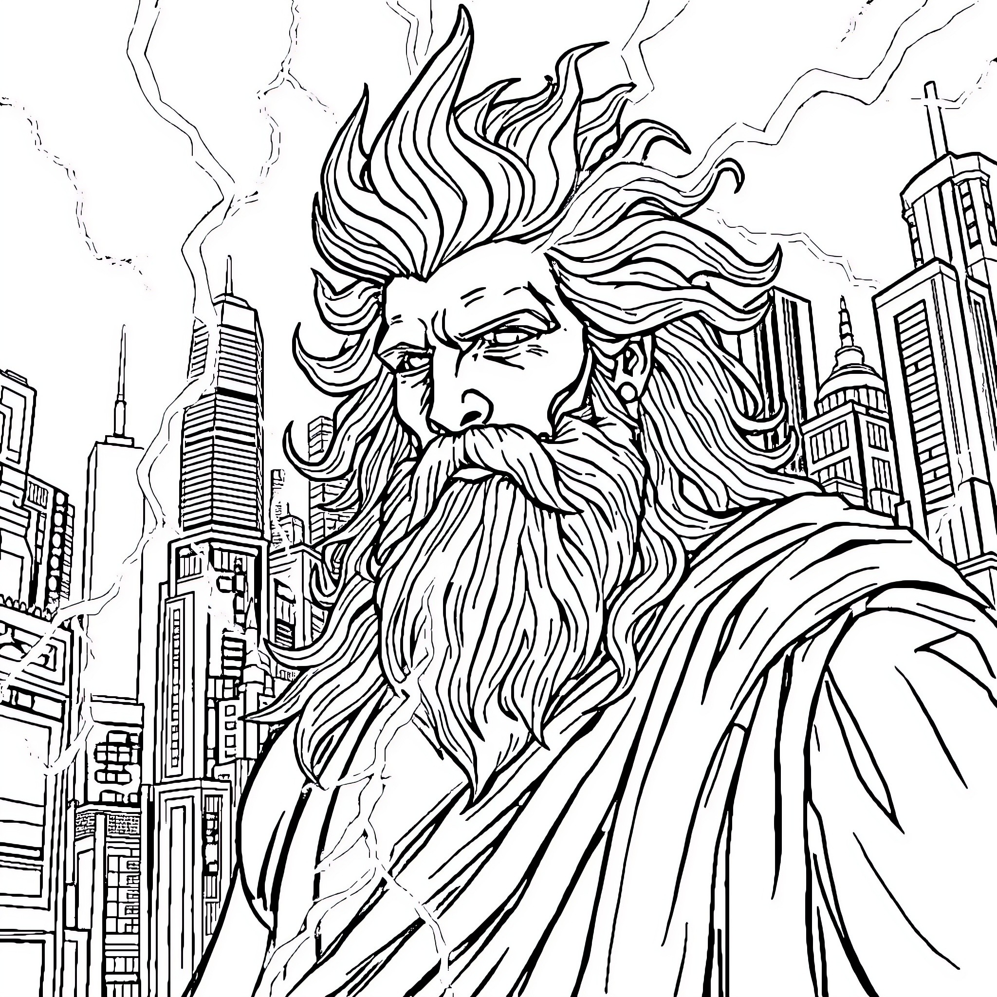 Zeus Surveys the Modern Cityscape with Majesty Coloring Page (free black-and-white line drawing printable PDF for all, from beginners to advanced learners, including children, teens, adults, and seniors)