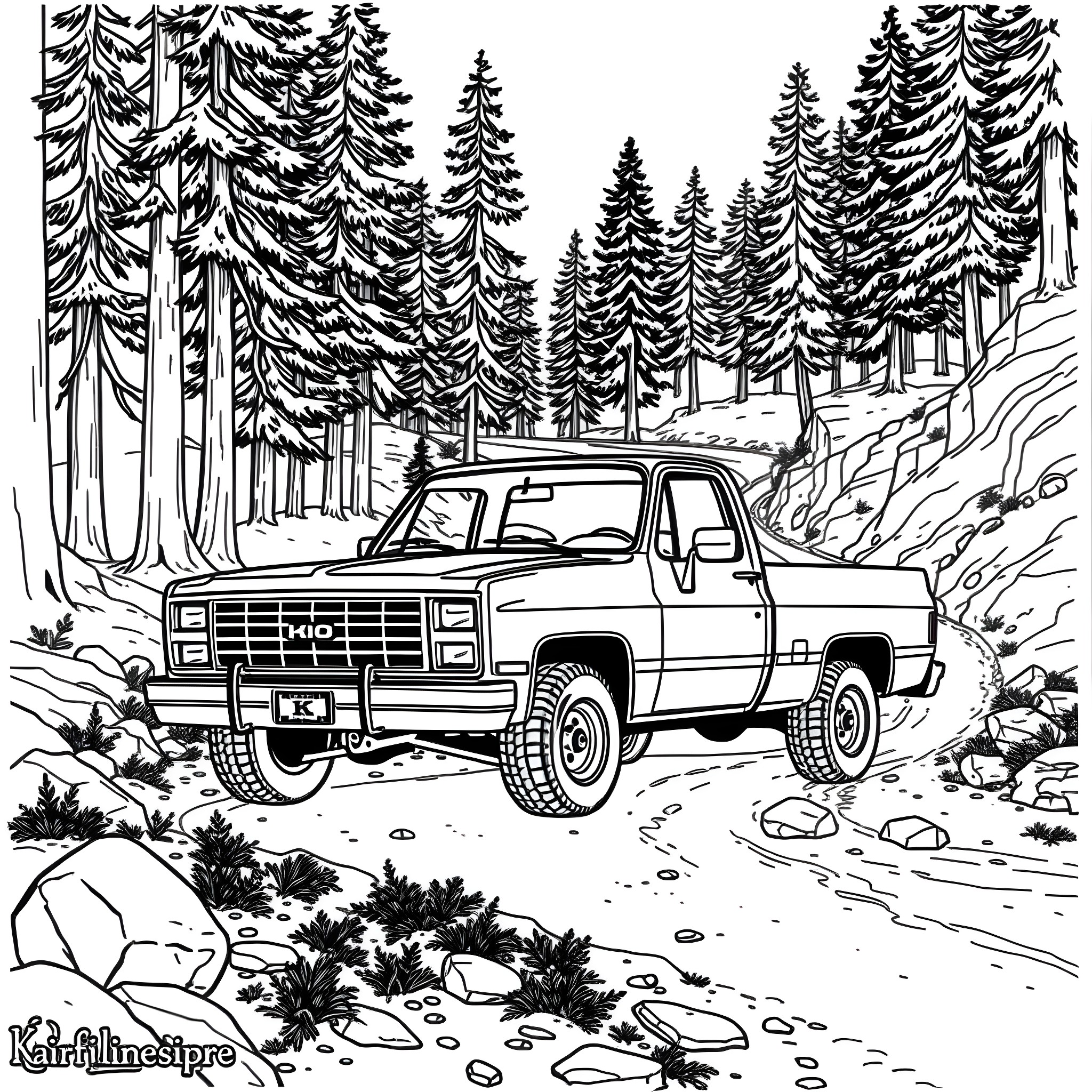 83 K10 off-road adventure in the forest Coloring Page (free black-and-white line drawing printable PDF for all, from beginners to advanced learners, including children, teens, adults, and seniors)