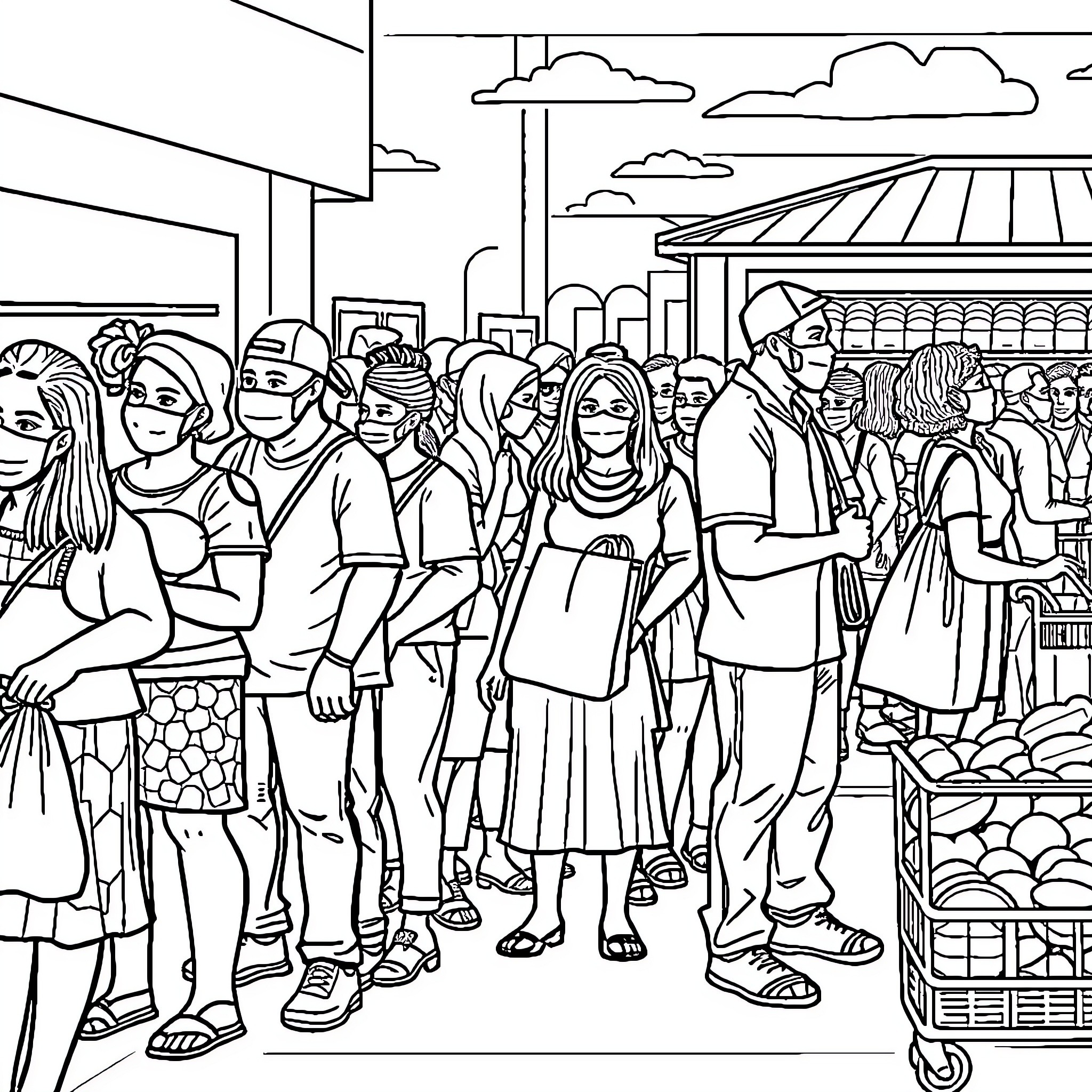 Person in a busy outdoor market setting Coloring Page (free black-and-white line drawing printable PDF for all, from beginners to advanced learners, including children, teens, adults, and seniors)