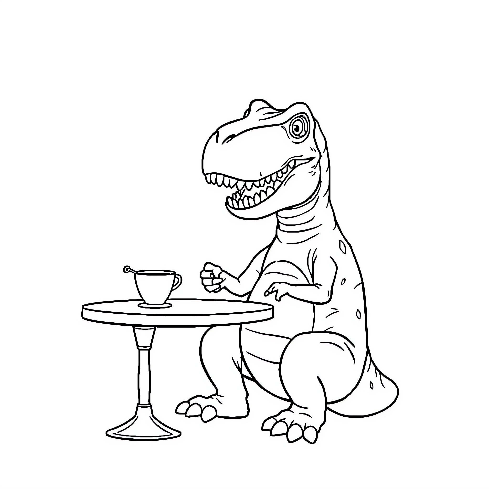 T-Rex enjoying coffee at cafe Coloring Page (free black-and-white line drawing printable PDF for all, from beginners to advanced learners, including children, teens, adults, and seniors)