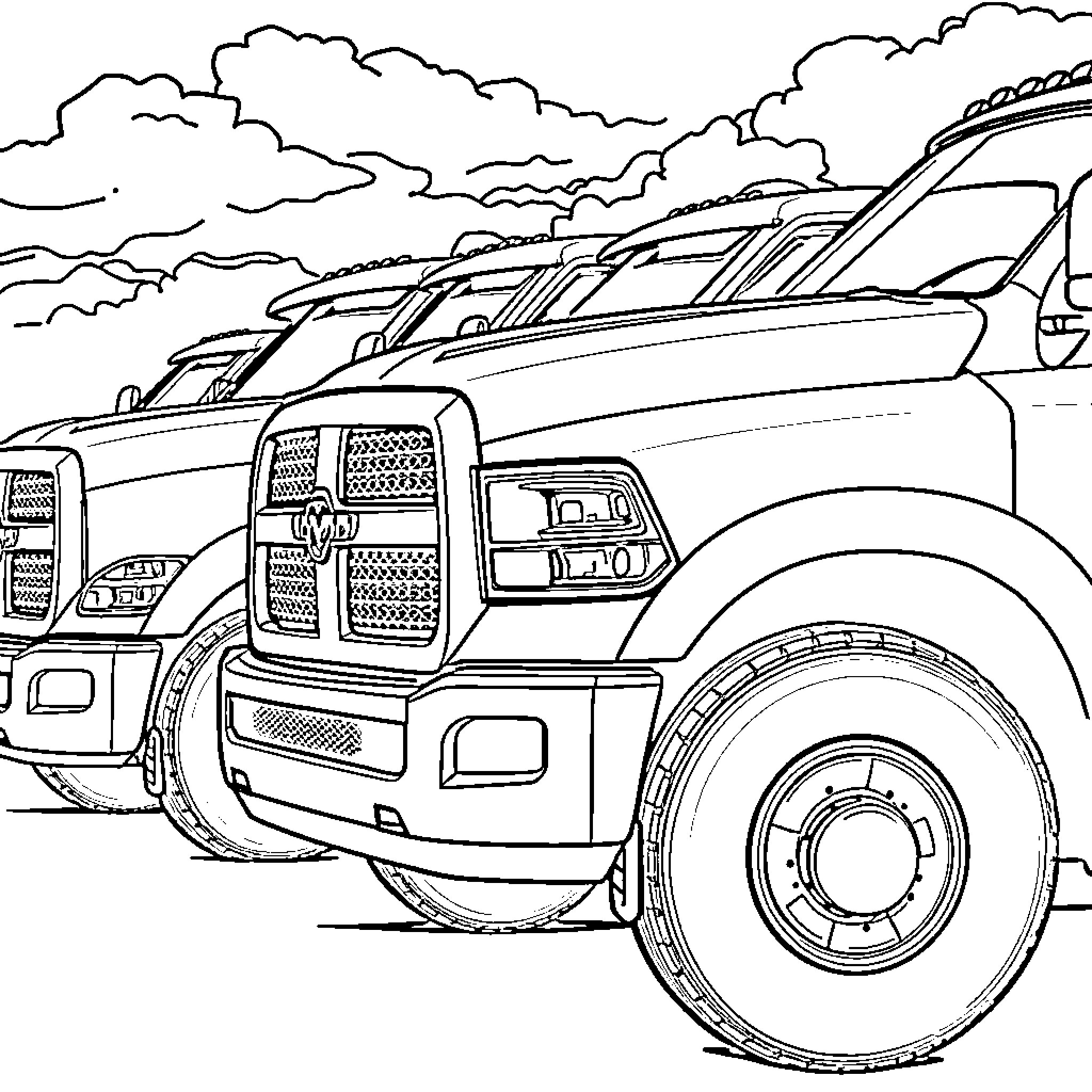 Ram Truck Parked in Scenic Countryside Coloring Page (free black-and-white line drawing printable PDF for all, from beginners to advanced learners, including children, teens, adults, and seniors)