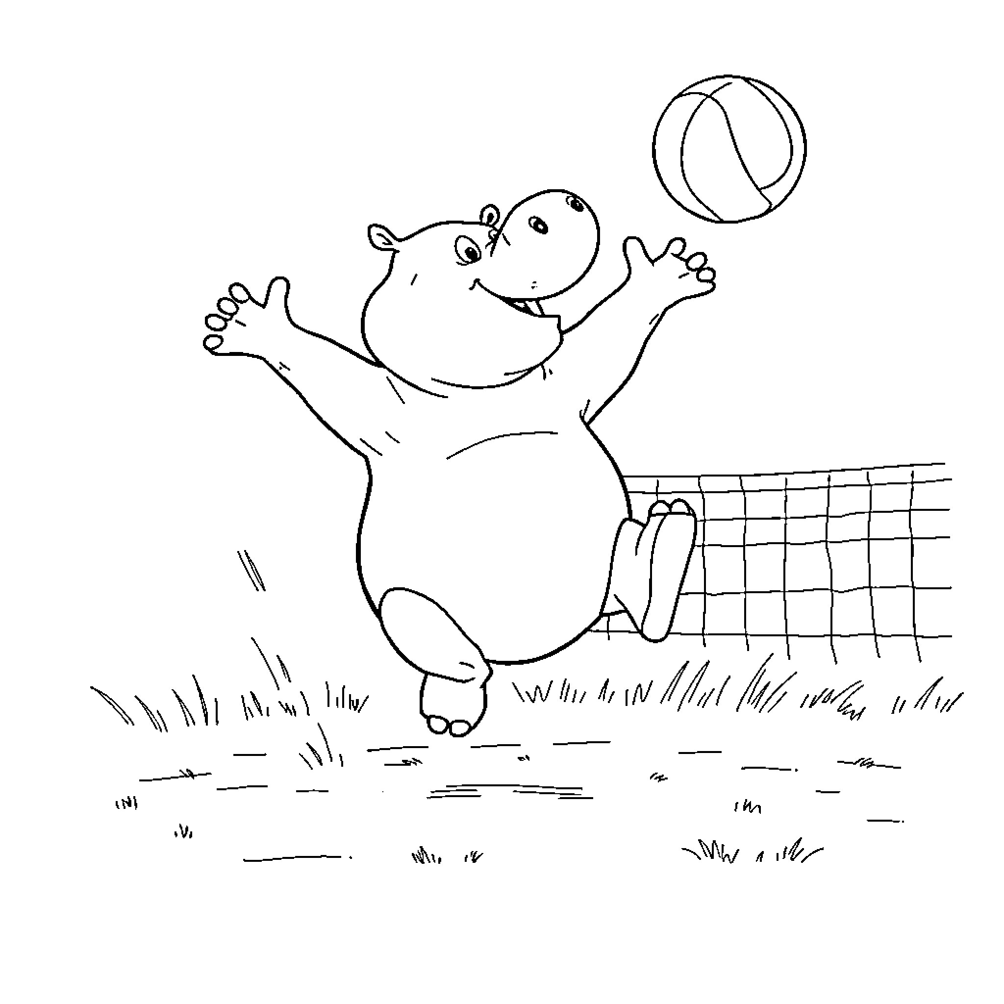 Hippo playing with beach ball on volleyball court Coloring Page (free black-and-white line drawing printable PDF for all, from beginners to advanced learners, including children, teens, adults, and seniors)