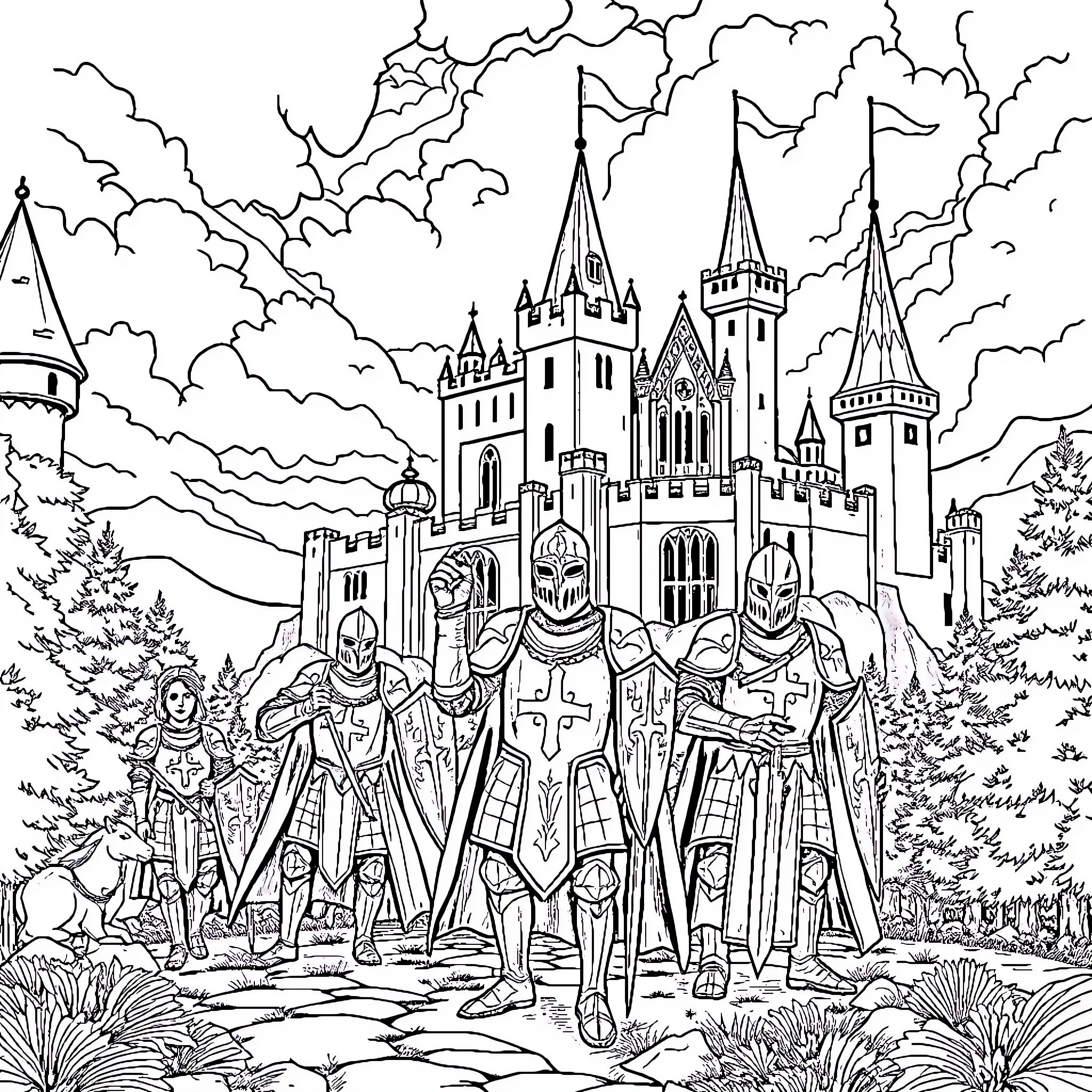 Medieval Knights Guarding the Enchanted Castle Coloring Page (free black-and-white line drawing printable PDF for all, from beginners to advanced learners, including children, teens, adults, and seniors)