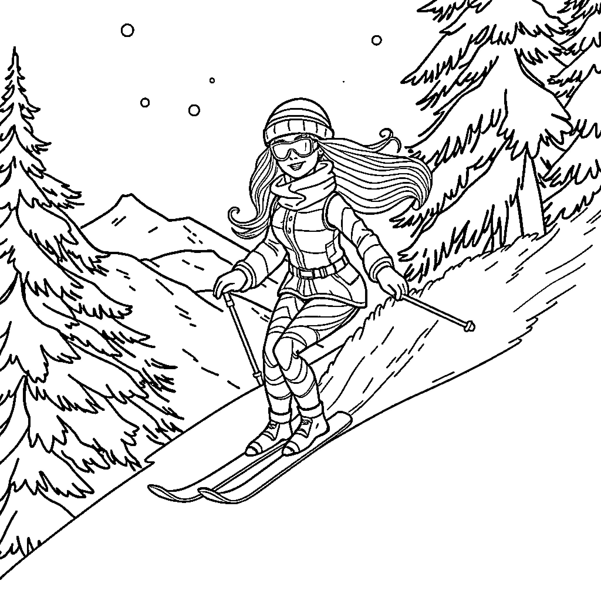 Barbie skiing down a snowy mountain Coloring Page (free black-and-white line drawing printable PDF for all, from beginners to advanced learners, including children, teens, adults, and seniors)