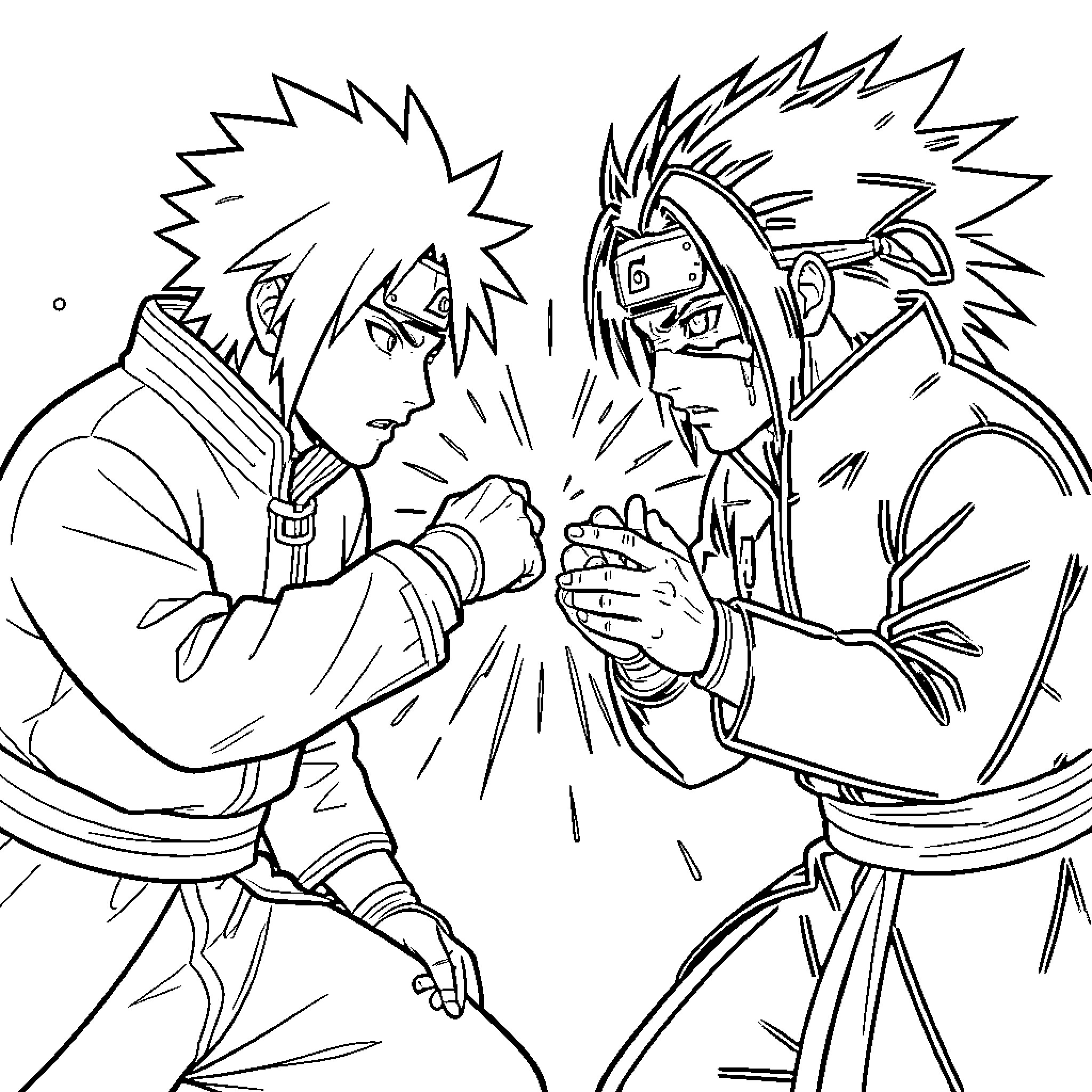 Kakashi era characters engaged in an intense battle Coloring Page (free black-and-white line drawing printable PDF for all, from beginners to advanced learners, including children, teens, adults, and seniors)