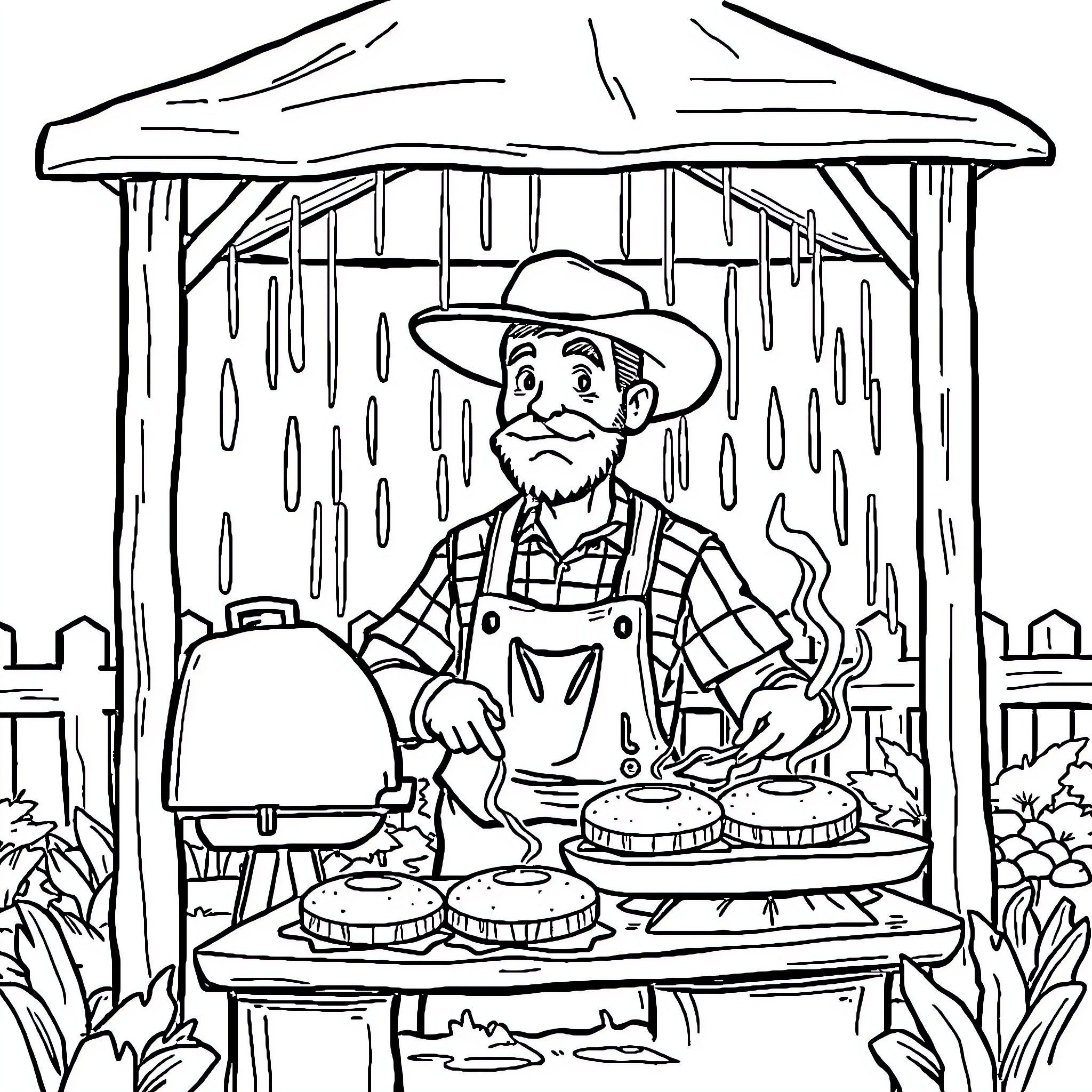 Farmer grilling food at outdoor market during rainy day Coloring Page (free black-and-white line drawing printable PDF for all, from beginners to advanced learners, including children, teens, adults, and seniors)