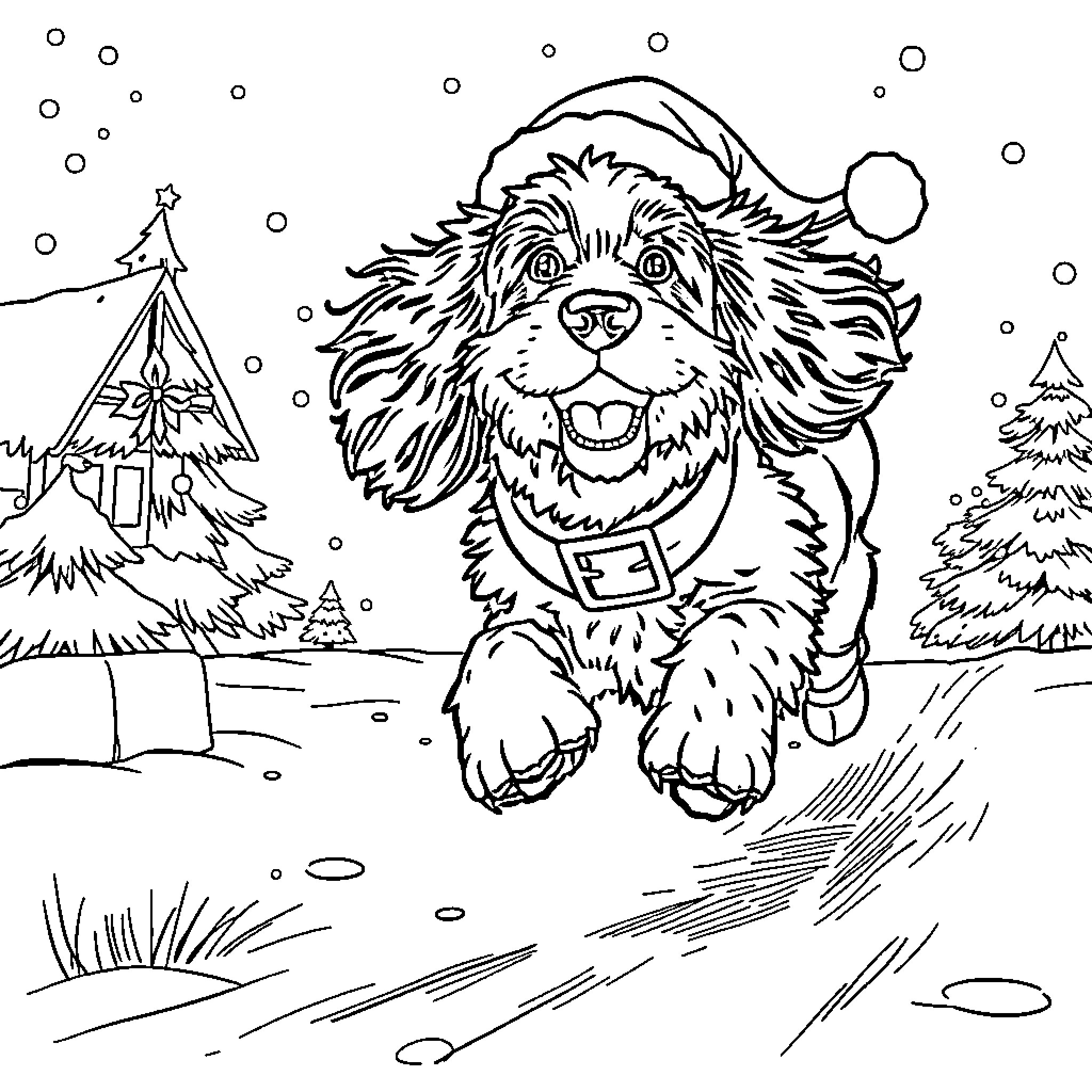 Cocker Spaniel Frolicking in Snowy Woodland Coloring Page (free black-and-white line drawing printable PDF for all, from beginners to advanced learners, including children, teens, adults, and seniors)