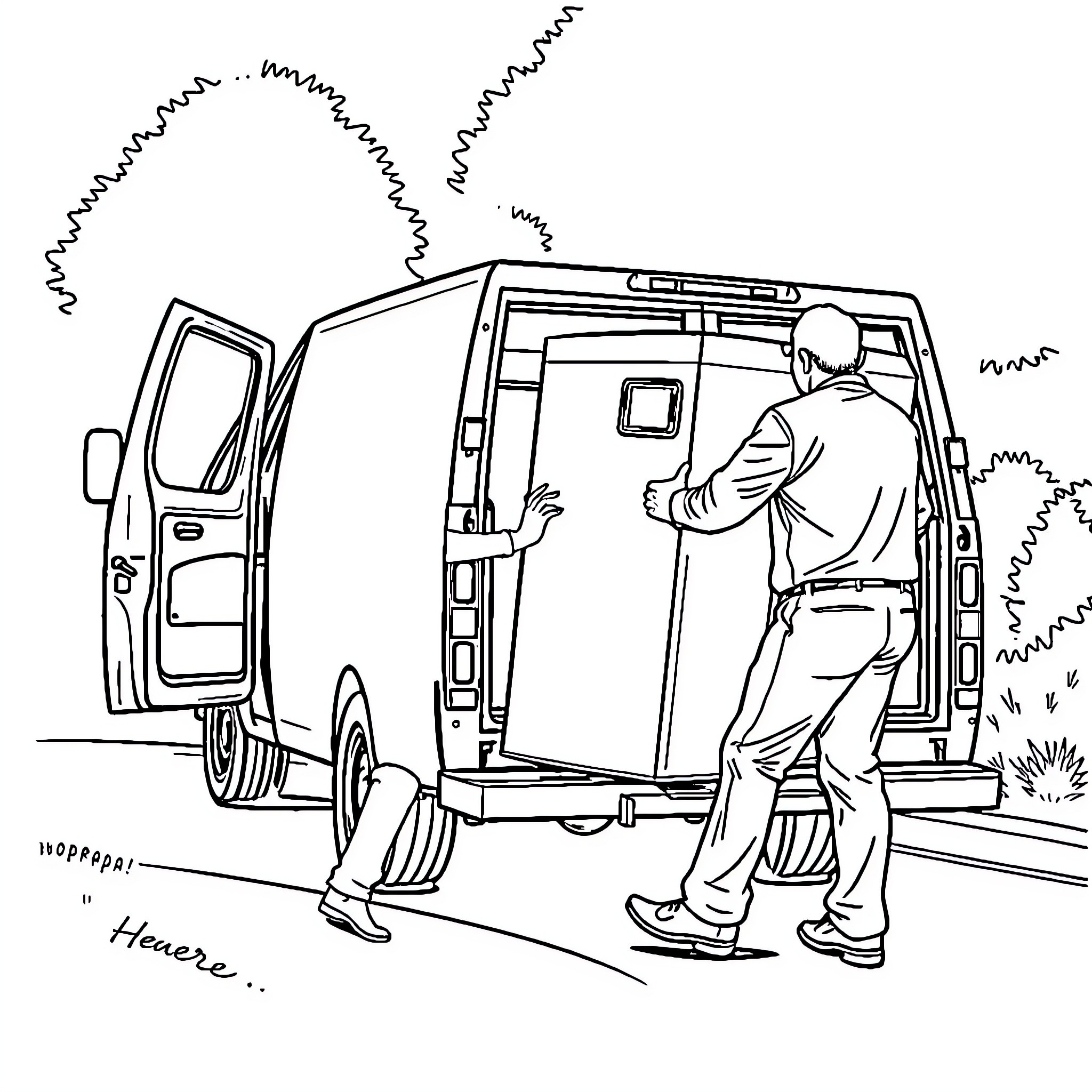Man loading items into van on the street Coloring Page (free black-and-white line drawing printable PDF for all, from beginners to advanced learners, including children, teens, adults, and seniors)