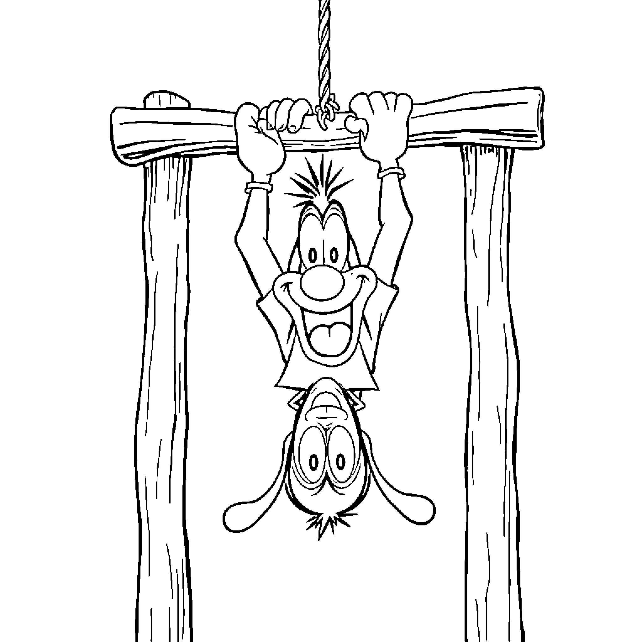 Goofy characters hanging upside down Coloring Page (free black-and-white line drawing printable PDF for all, from beginners to advanced learners, including children, teens, adults, and seniors)