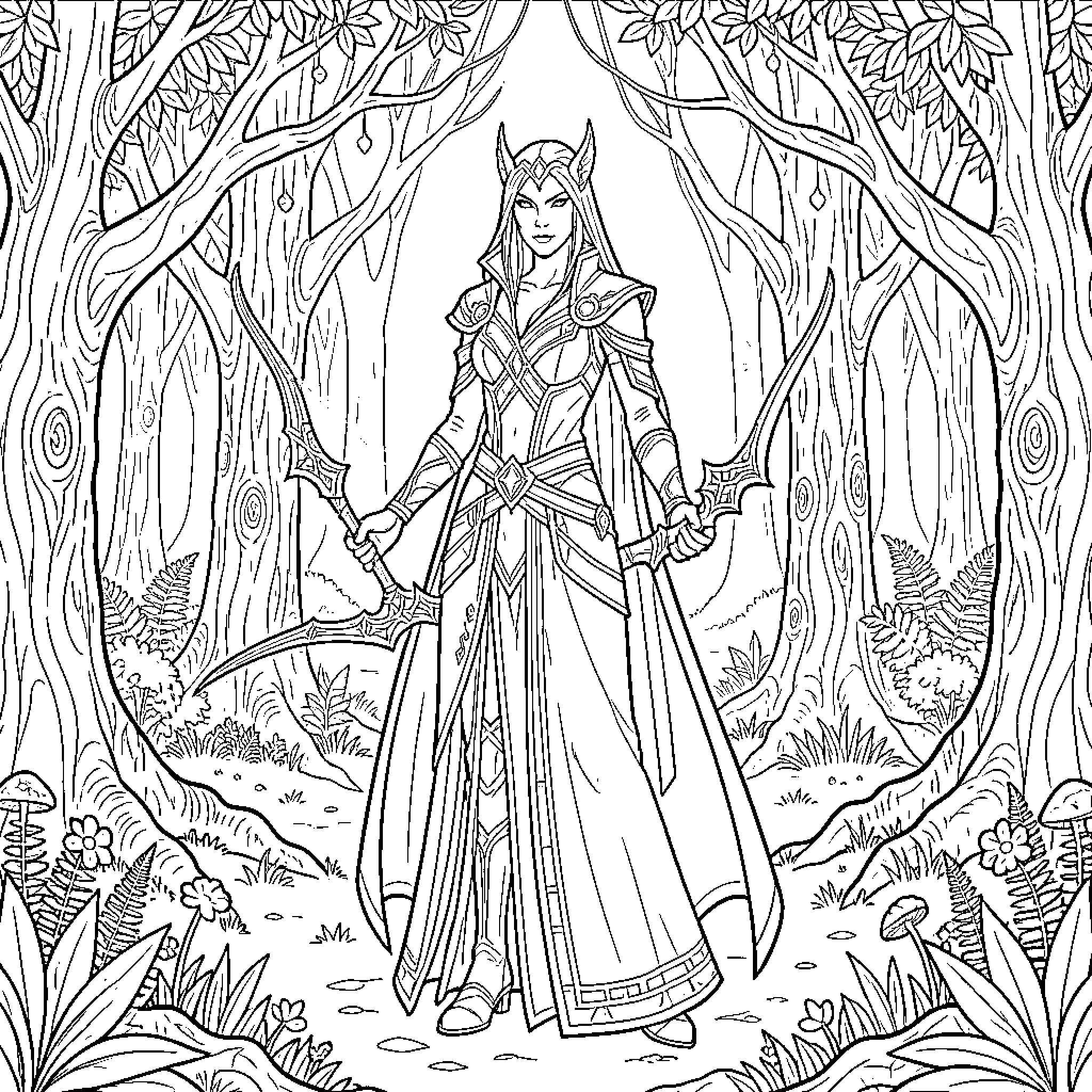 Sylvanas Windrunner in an enchanted forest setting Coloring Page (free black-and-white line drawing printable PDF for all, from beginners to advanced learners, including children, teens, adults, and seniors)