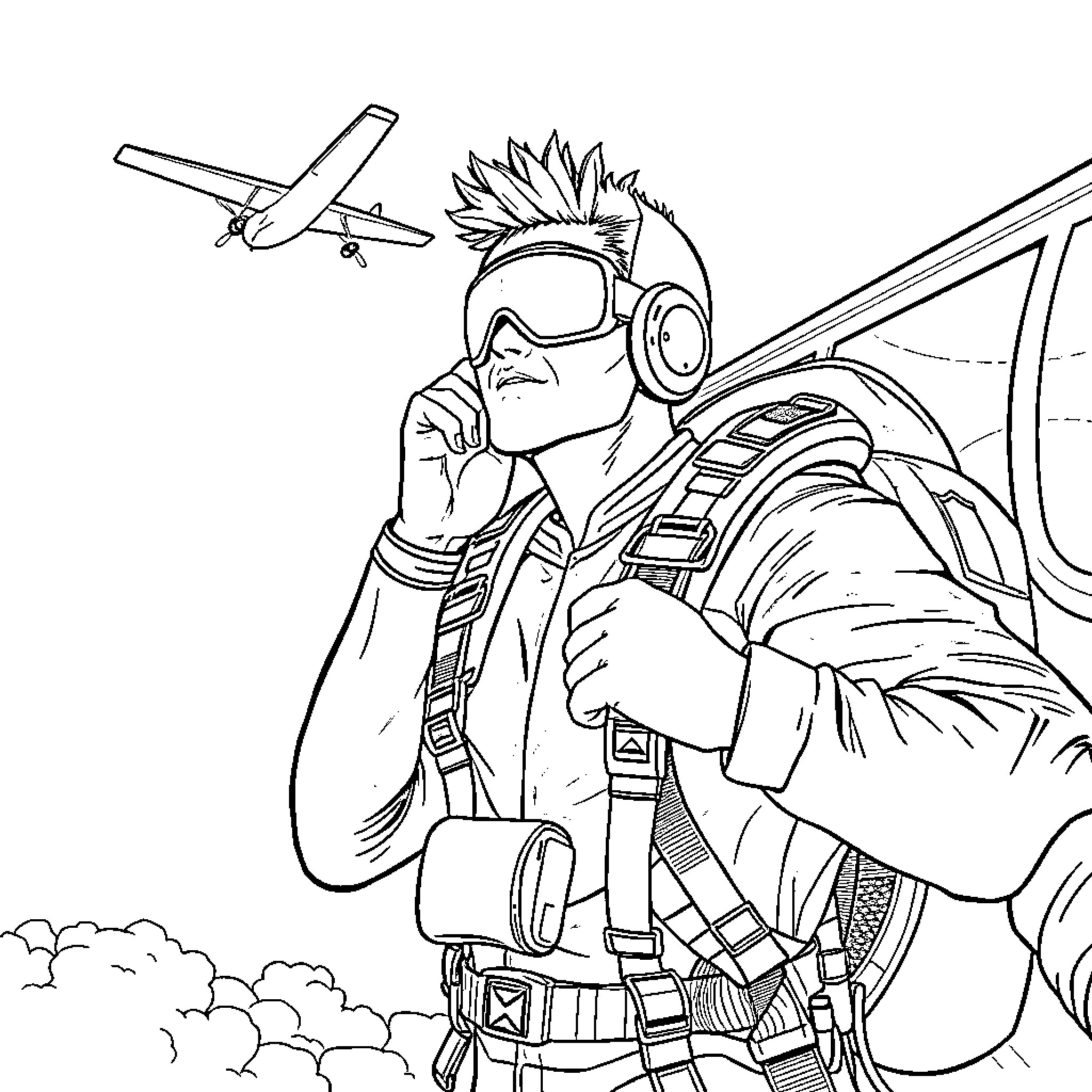 Skydiver prepares for thrilling jump from plane Coloring Page (free black-and-white line drawing printable PDF for all, from beginners to advanced learners, including children, teens, adults, and seniors)