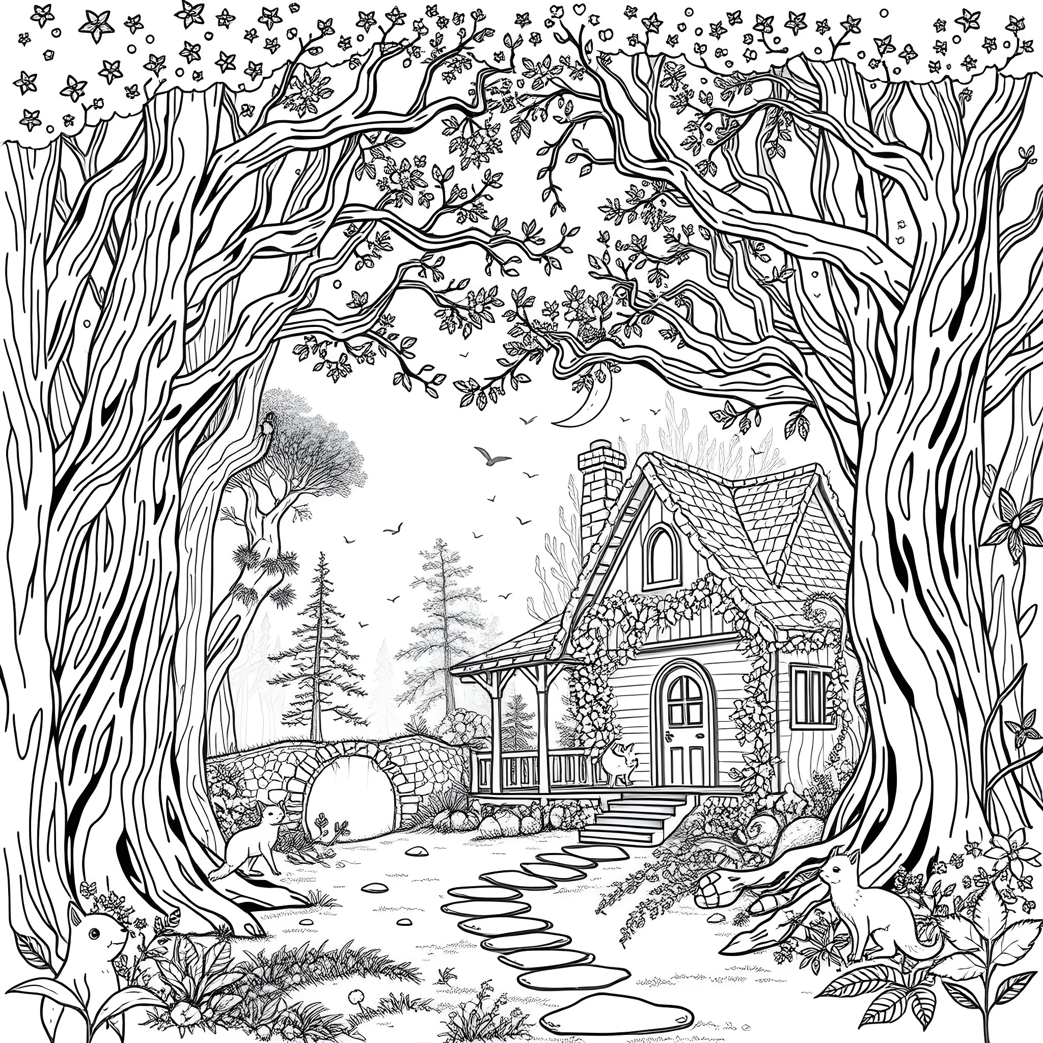 Forest house with autumn foliage and wildlife Coloring Page (free black-and-white line drawing printable PDF for all, from beginners to advanced learners, including children, teens, adults, and seniors)