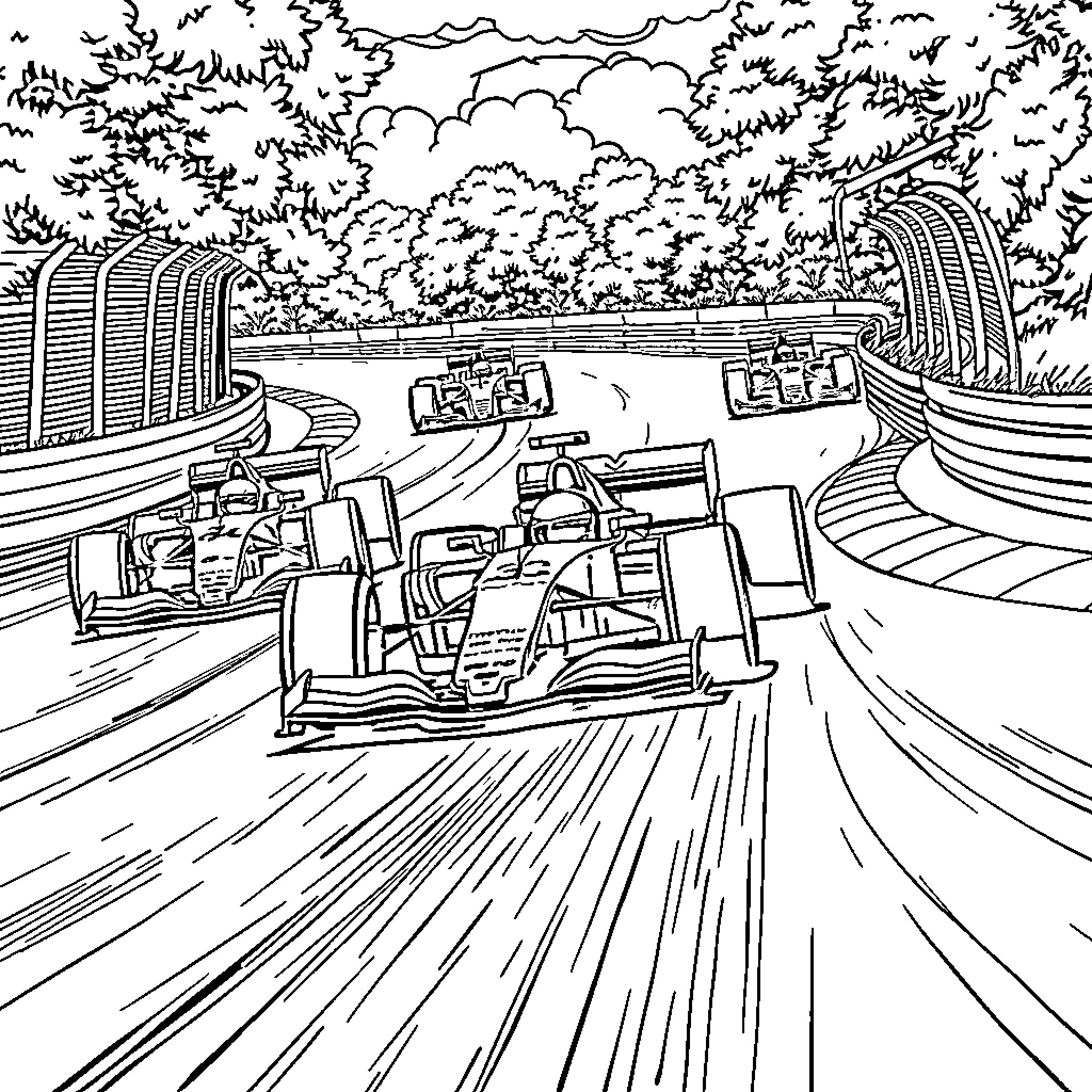Formula 1 Race Cars on the Track Coloring Page (free black-and-white line drawing printable PDF for all, from beginners to advanced learners, including children, teens, adults, and seniors)
