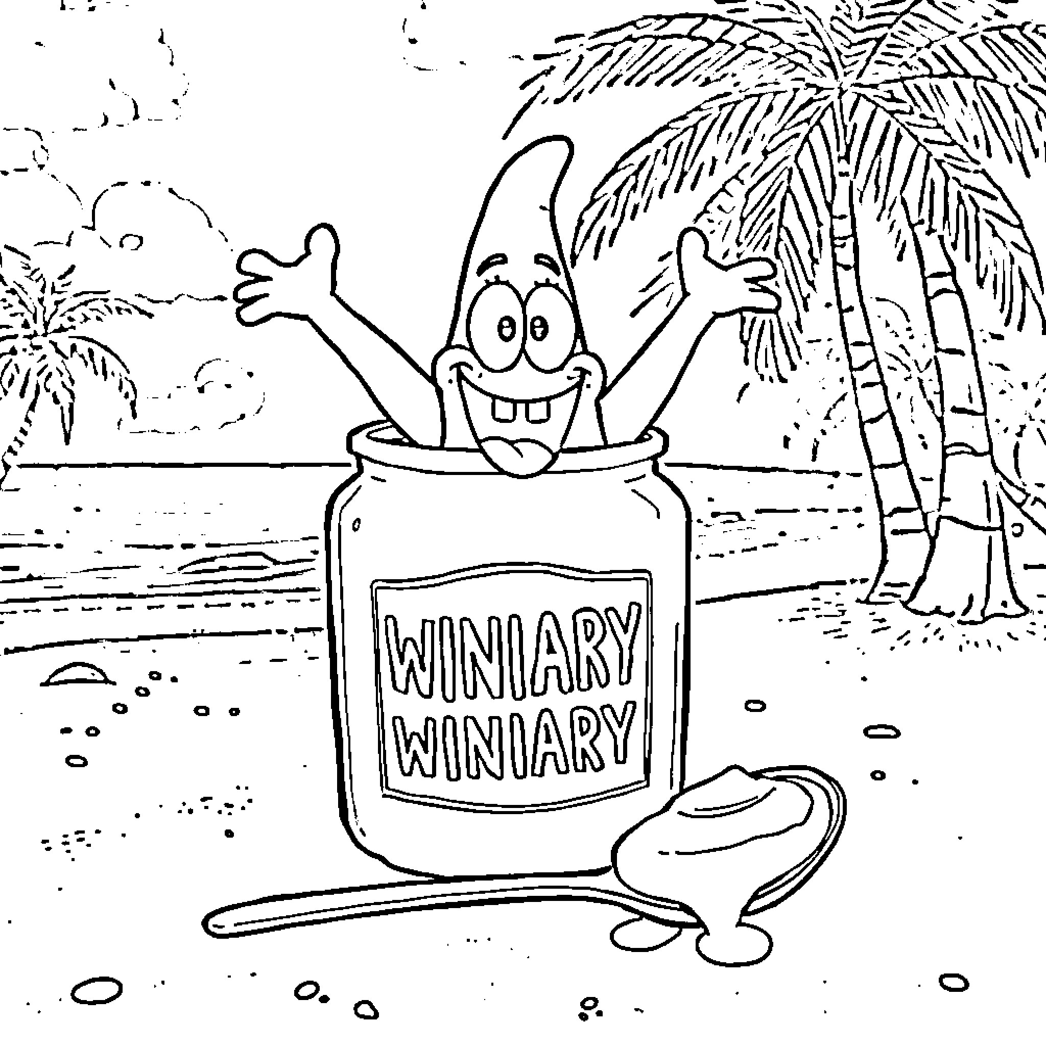 Patrick's Winary Winary Adventure on the Beach Coloring Page (free black-and-white line drawing printable PDF for all, from beginners to advanced learners, including children, teens, adults, and seniors)