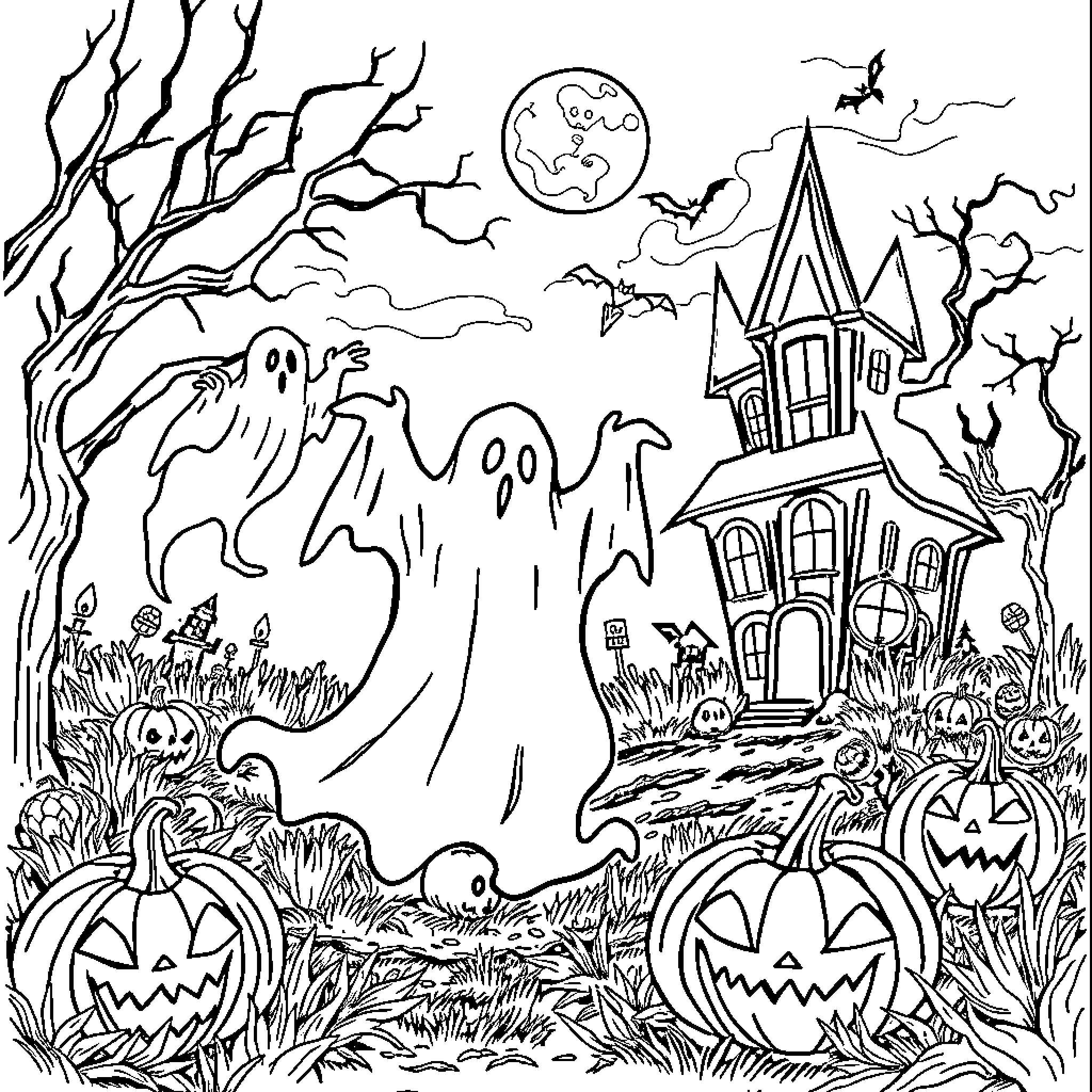 Halloween haunted house and spooky ghosts Coloring Page (free black-and-white line drawing printable PDF for all, from beginners to advanced learners, including children, teens, adults, and seniors)