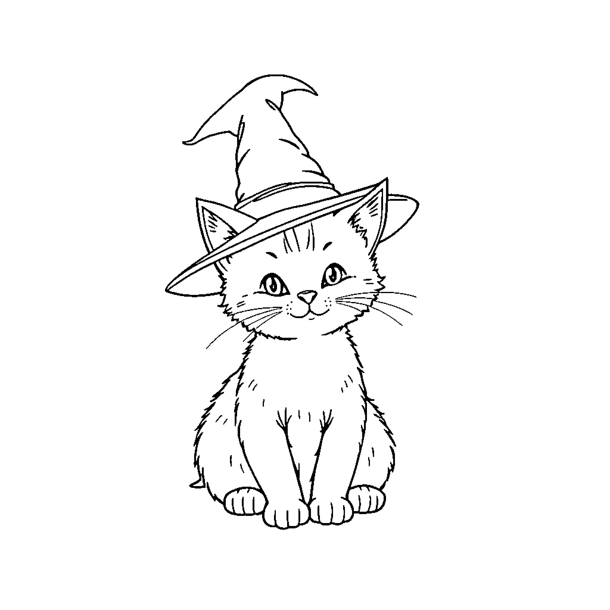 Cat wearing a witch's hat Coloring Page (free black-and-white line drawing printable PDF for all, from beginners to advanced learners, including children, teens, adults, and seniors)