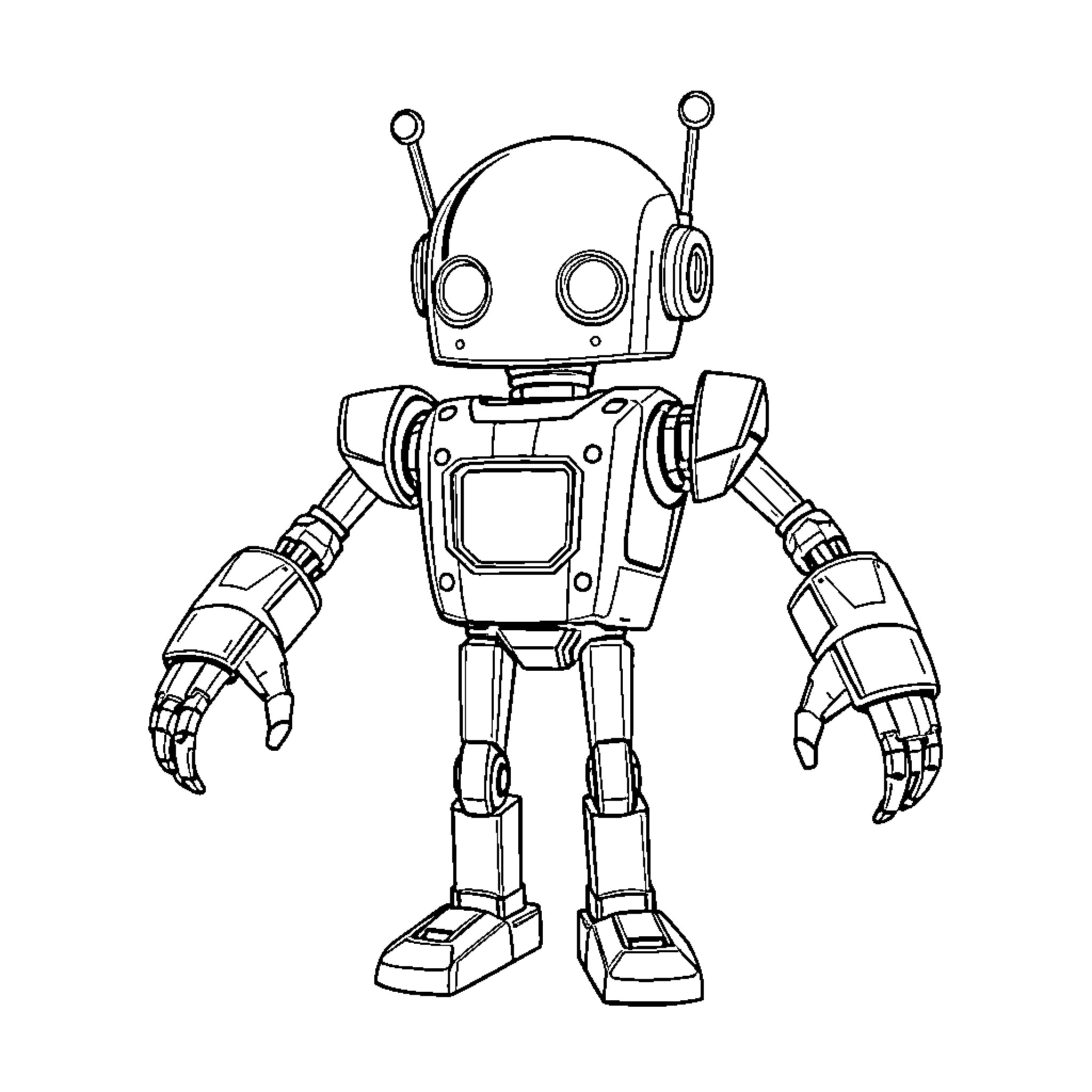Droid with robotic arms and features Coloring Page (free black-and-white line drawing printable PDF for all, from beginners to advanced learners, including children, teens, adults, and seniors)